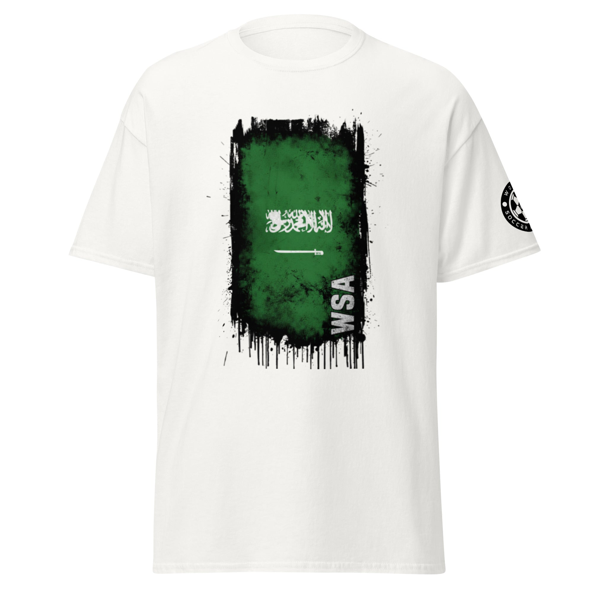 White t-shirt with green and black graphic design on a white background