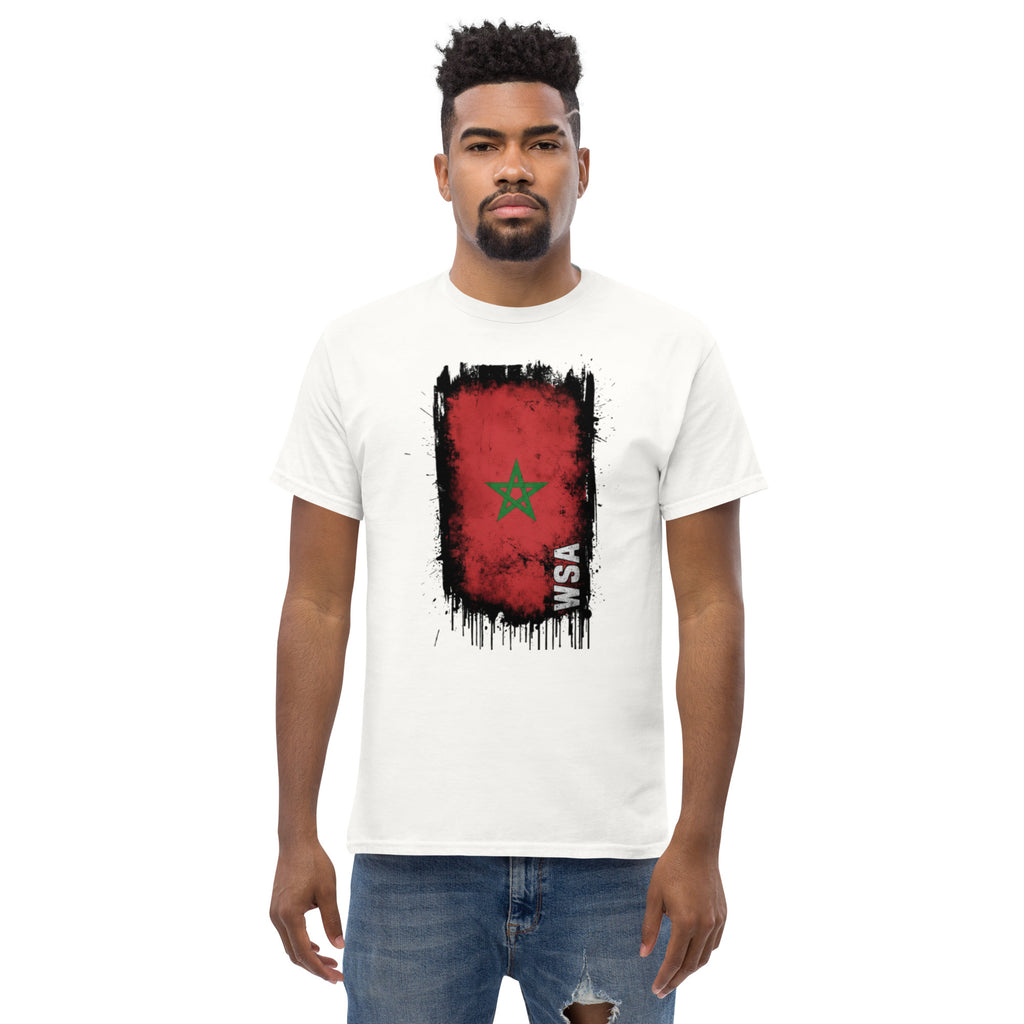 Man wearing a white t-shirt with a red and black graphic design on a white background