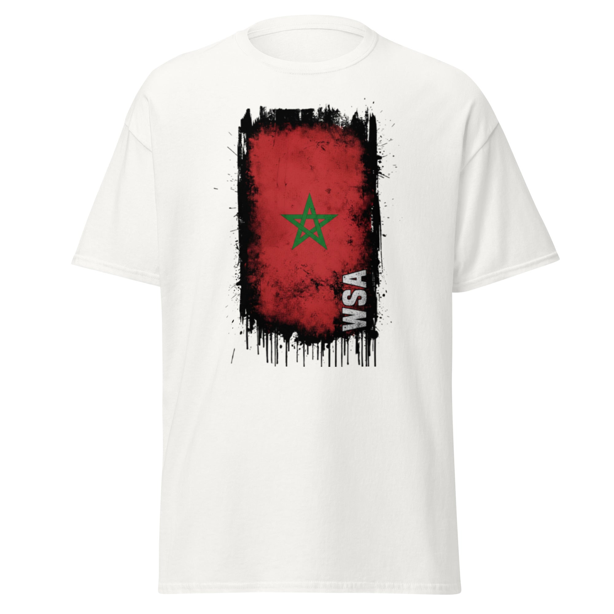 White t-shirt with a red flag design featuring a green star and 'WSA' text on a white background