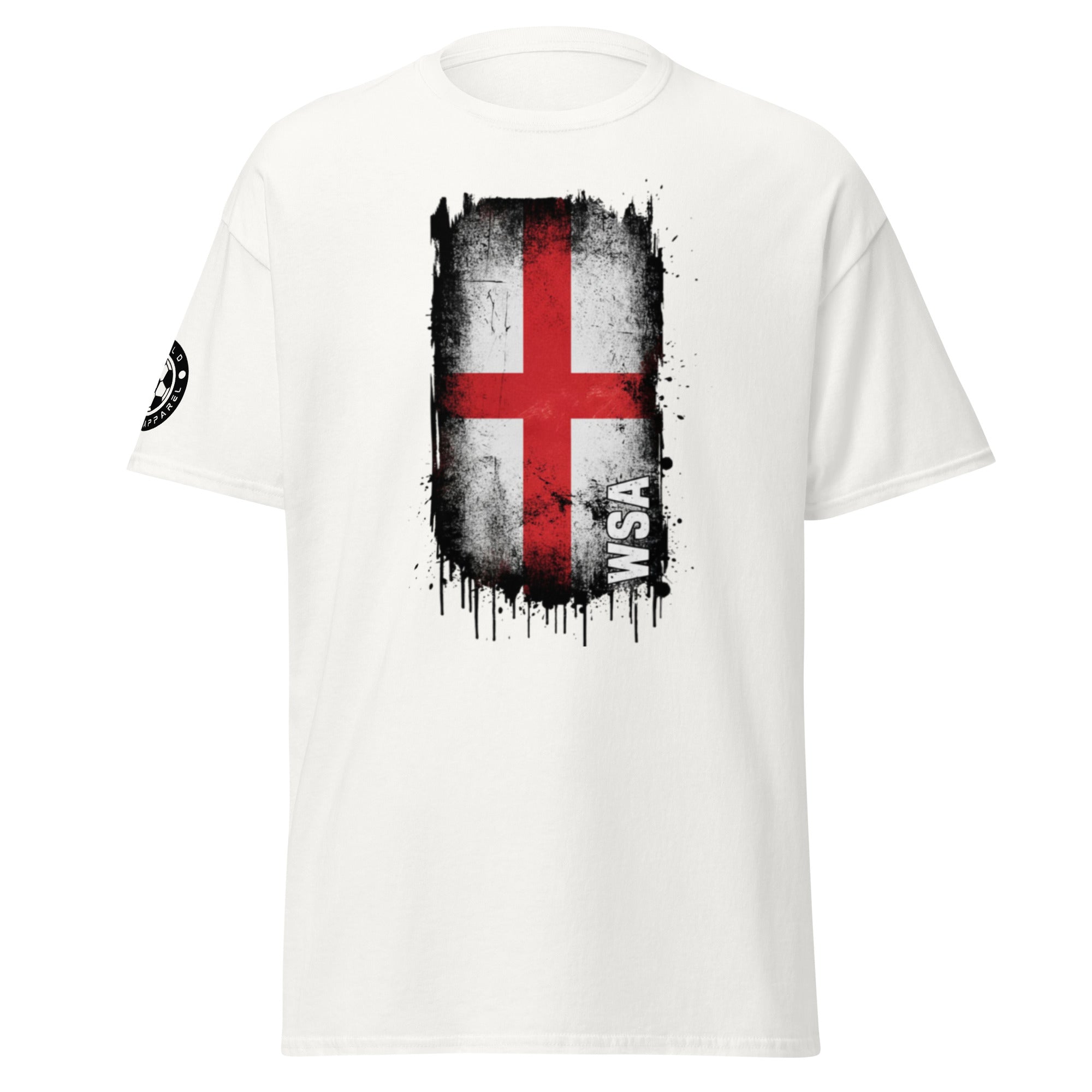 White t-shirt with a red cross design and 'WSA' text on a white background