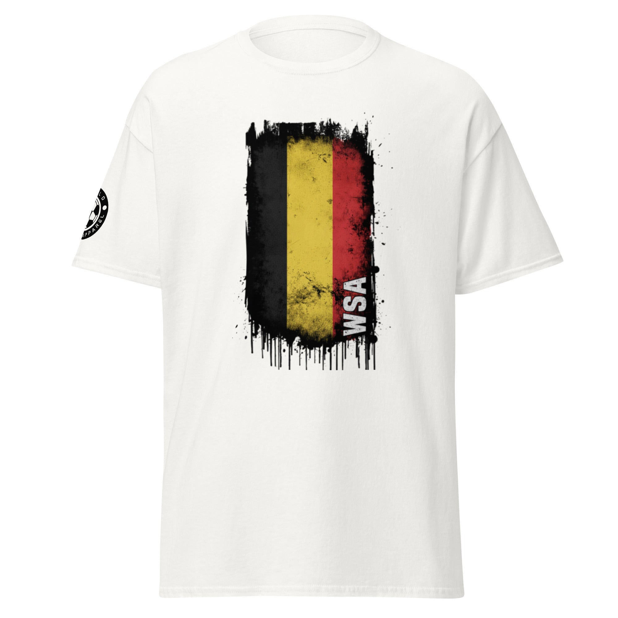 White t-shirt with a black, red, and yellow flag design on a white background