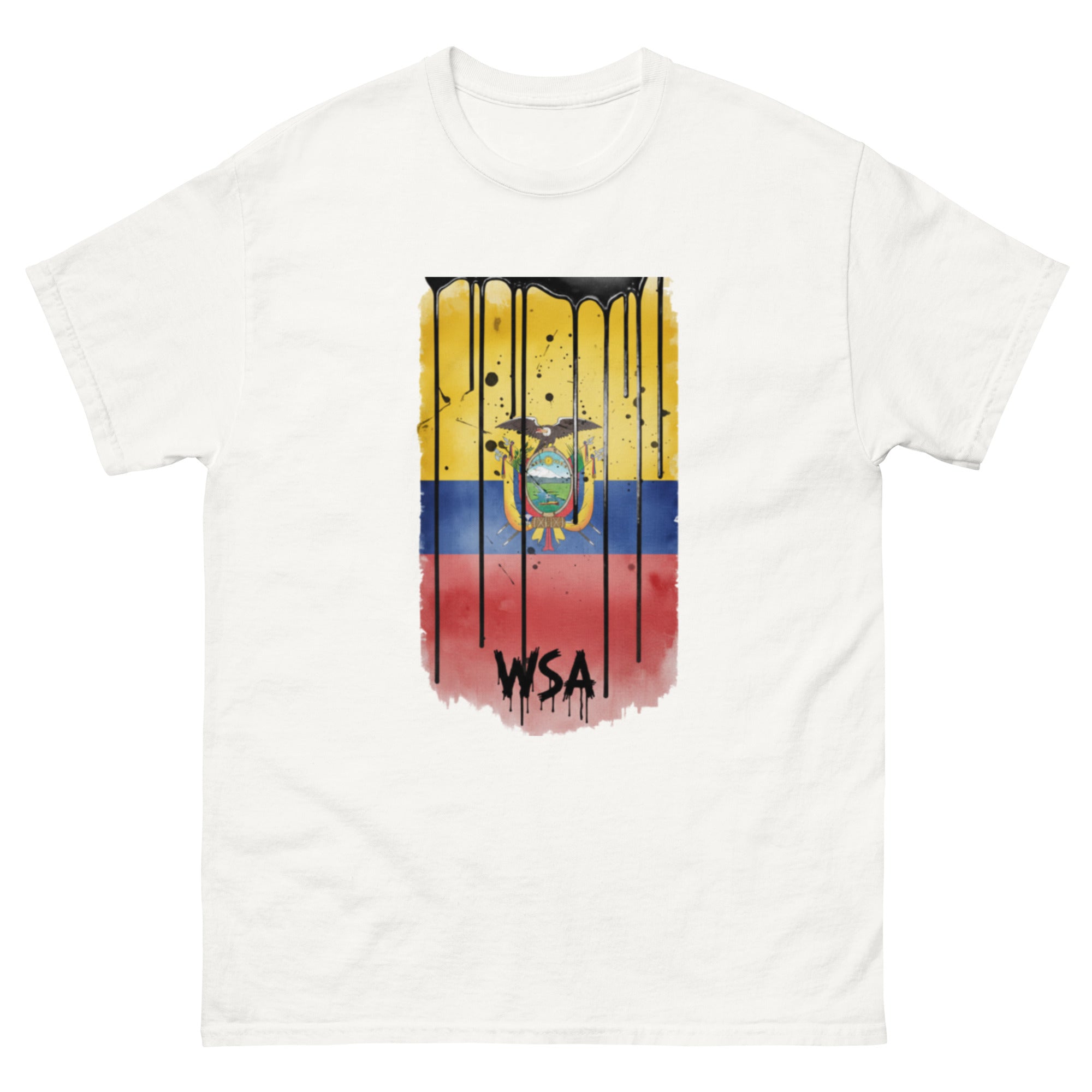 White t-shirt with a colorful graphic design on a white background