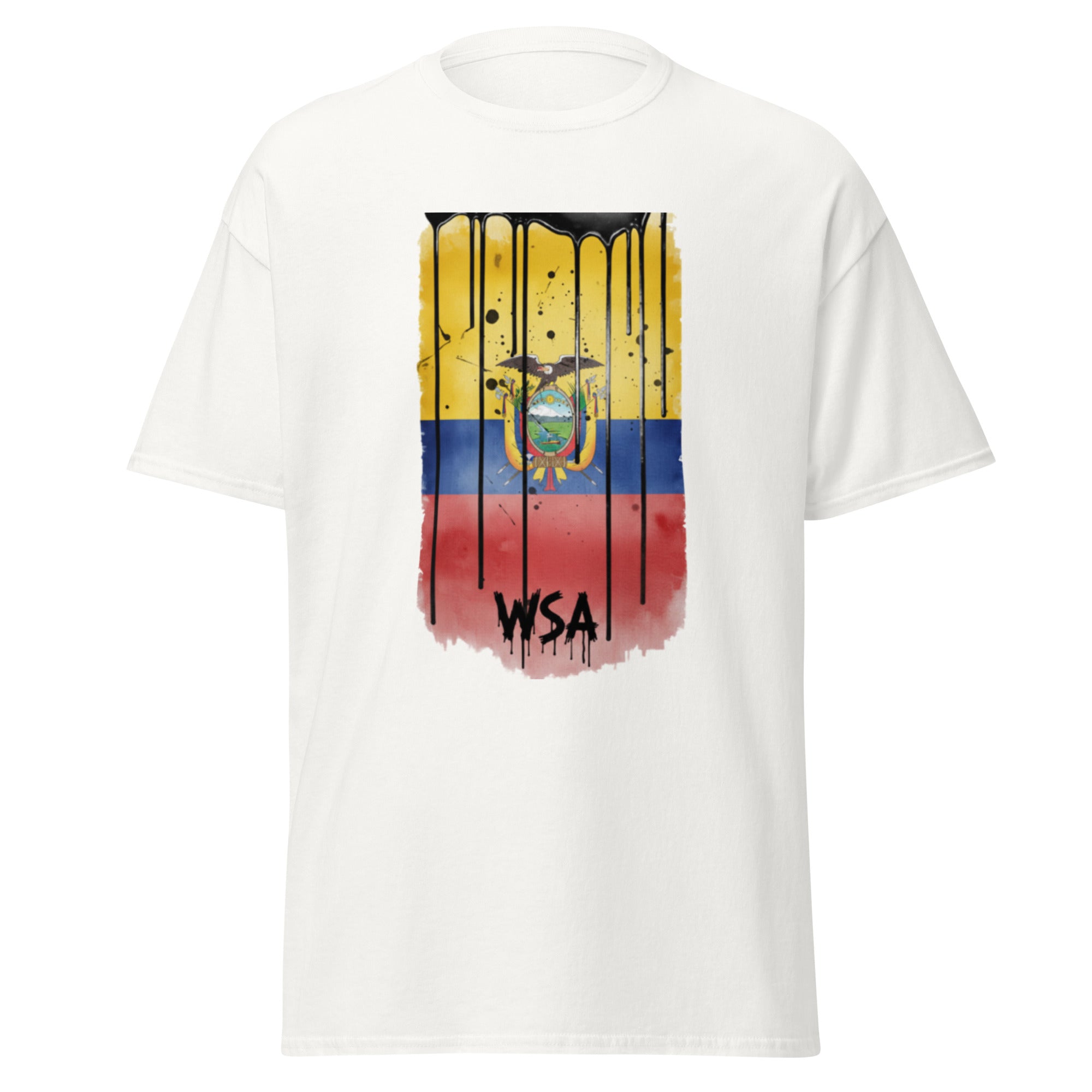 White t-shirt with a colorful graphic design on the back featuring the flag of Ecuador and 'WSA' text.