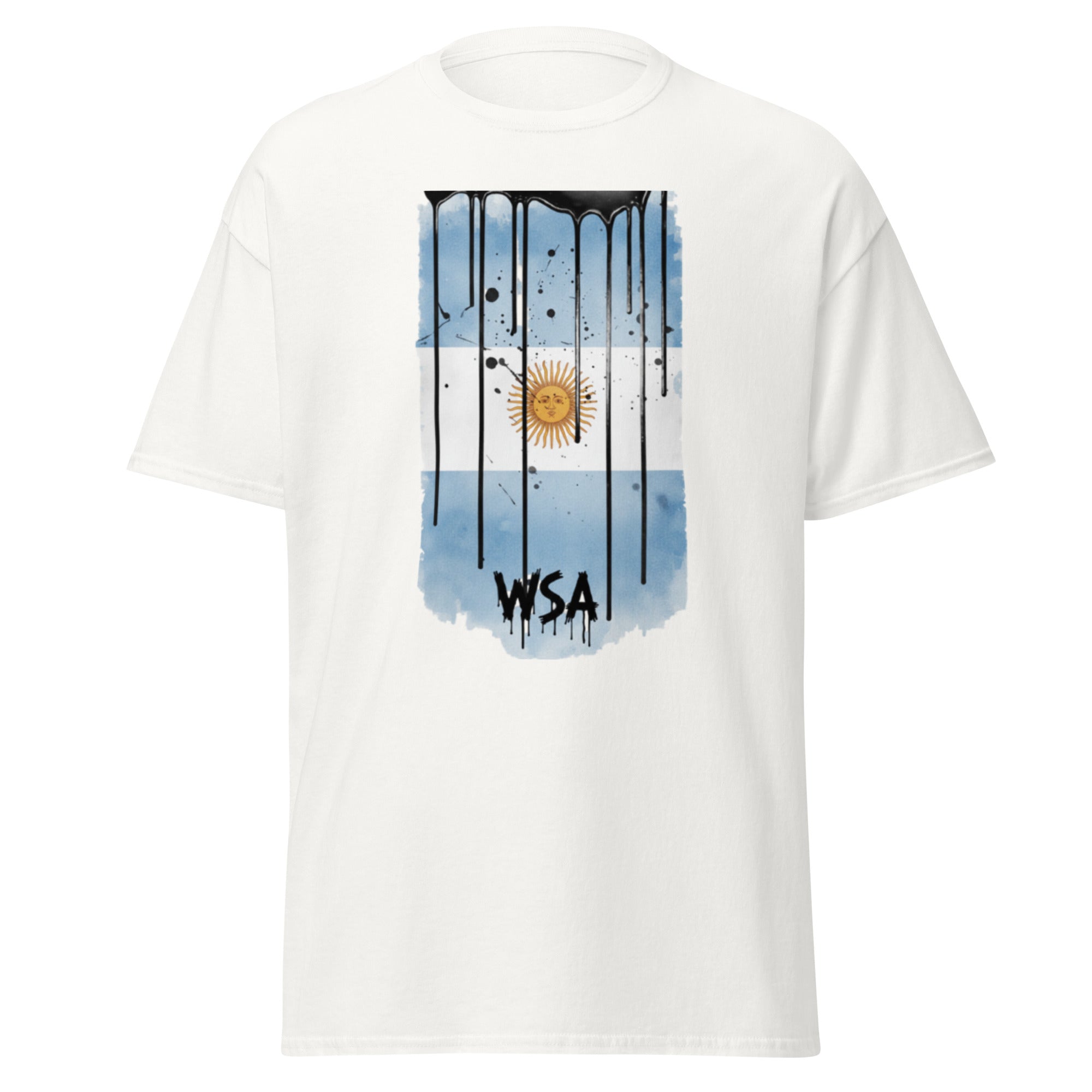 White t-shirt with an Argentina flag design and 'WSA' text on a white background