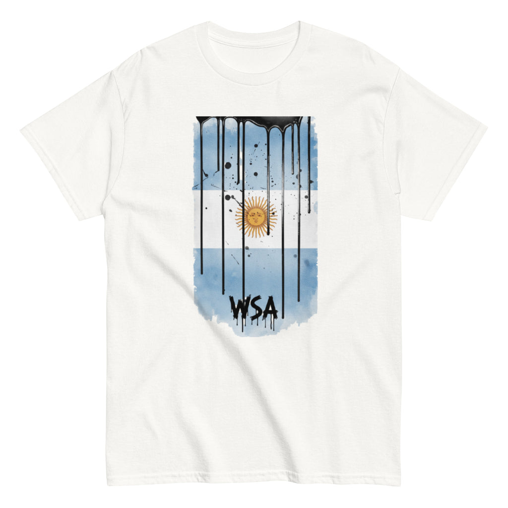 White t-shirt with an Argentina flag design and 'WSA' text on a white background