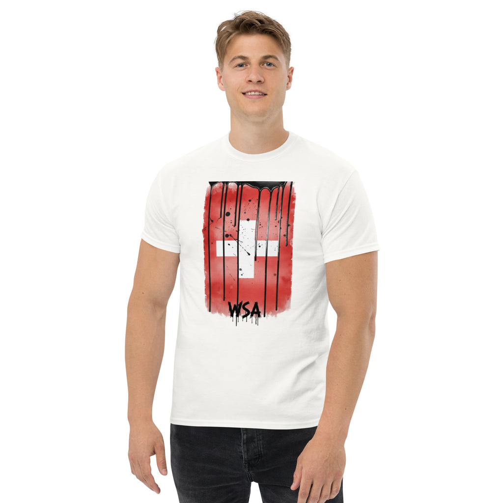 Person wearing a white t-shirt with a red and black graphic design on a white background