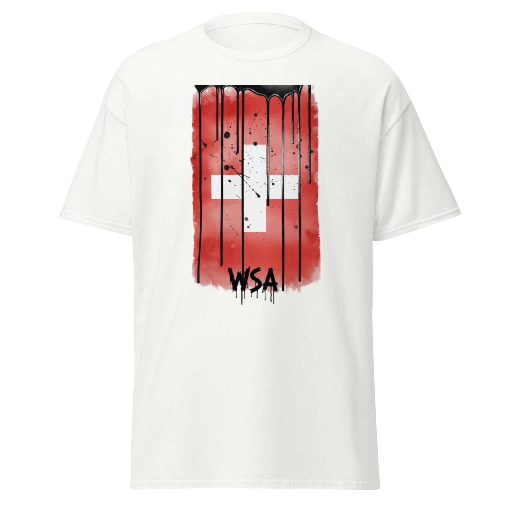 White t-shirt with red and black graphic design on a white background