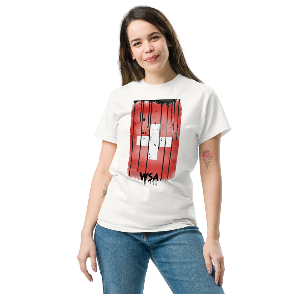 Woman wearing a white t-shirt with a red and black graphic design on a white background