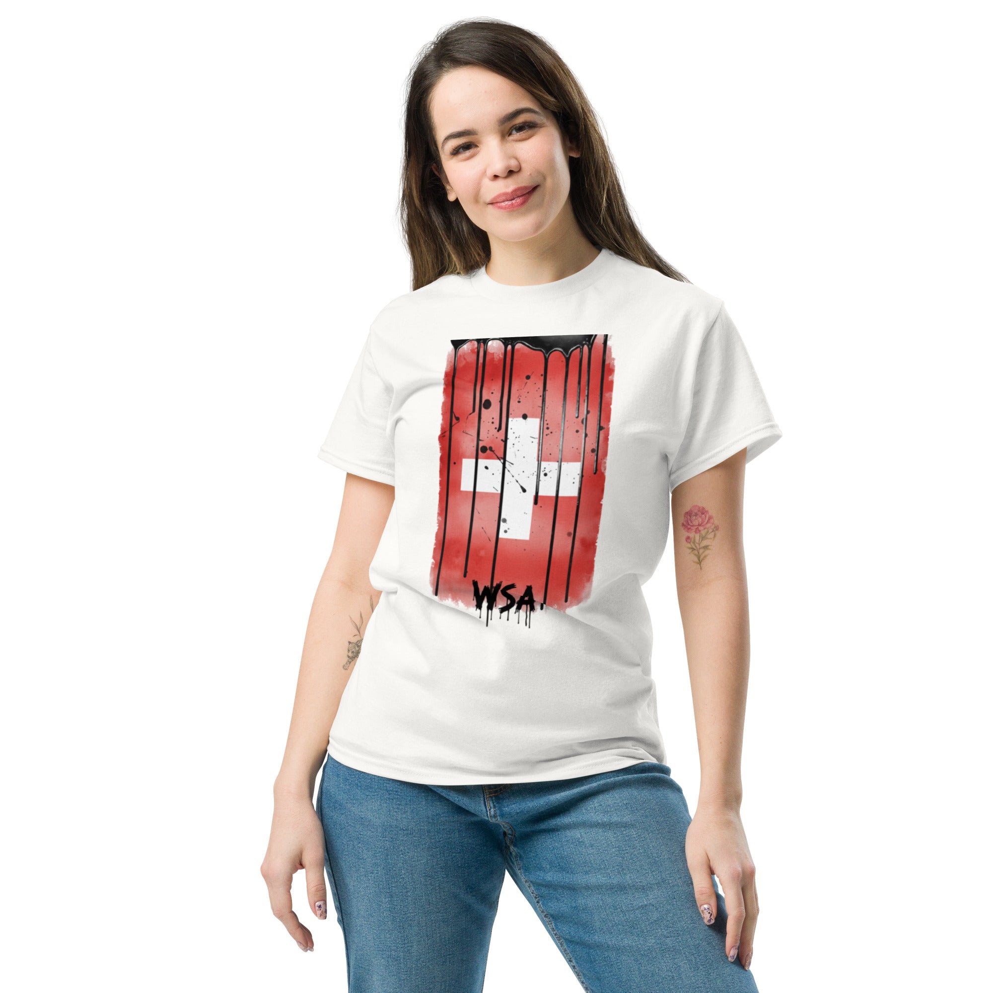 Woman wearing a white t-shirt with a red and black graphic design on a white background