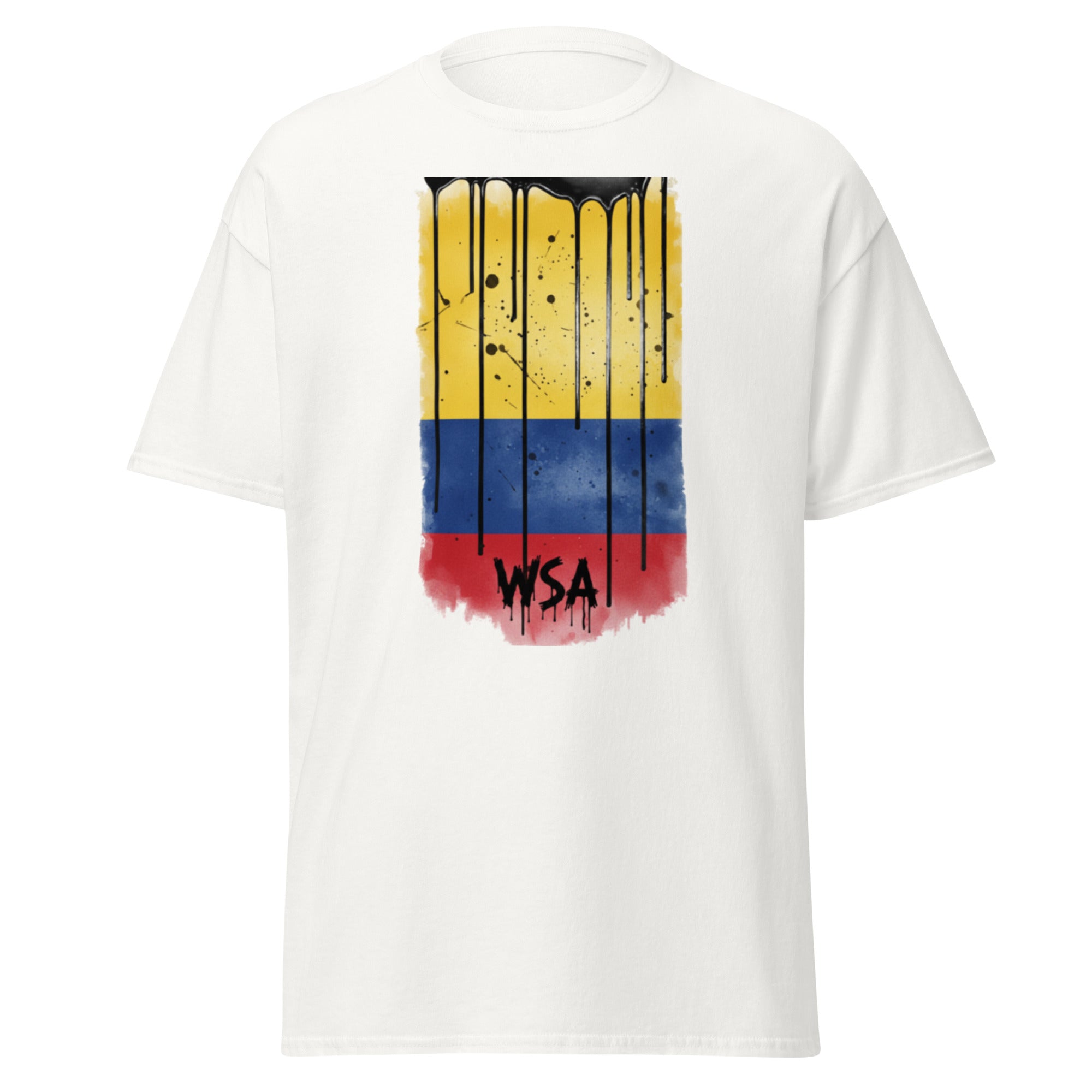 White t-shirt with a colorful design and 'WSA' text on a white background