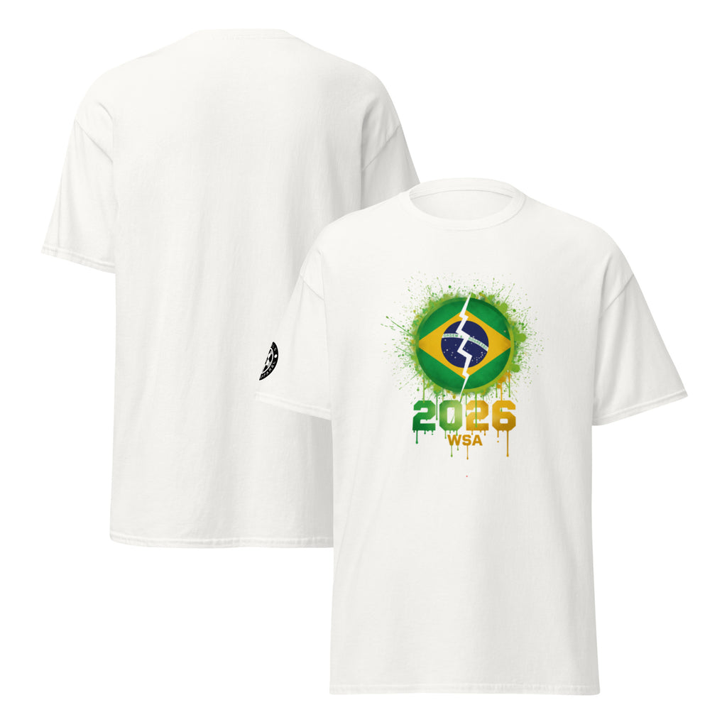 White t-shirt with a logo featuring the number 2026 and text on a white background