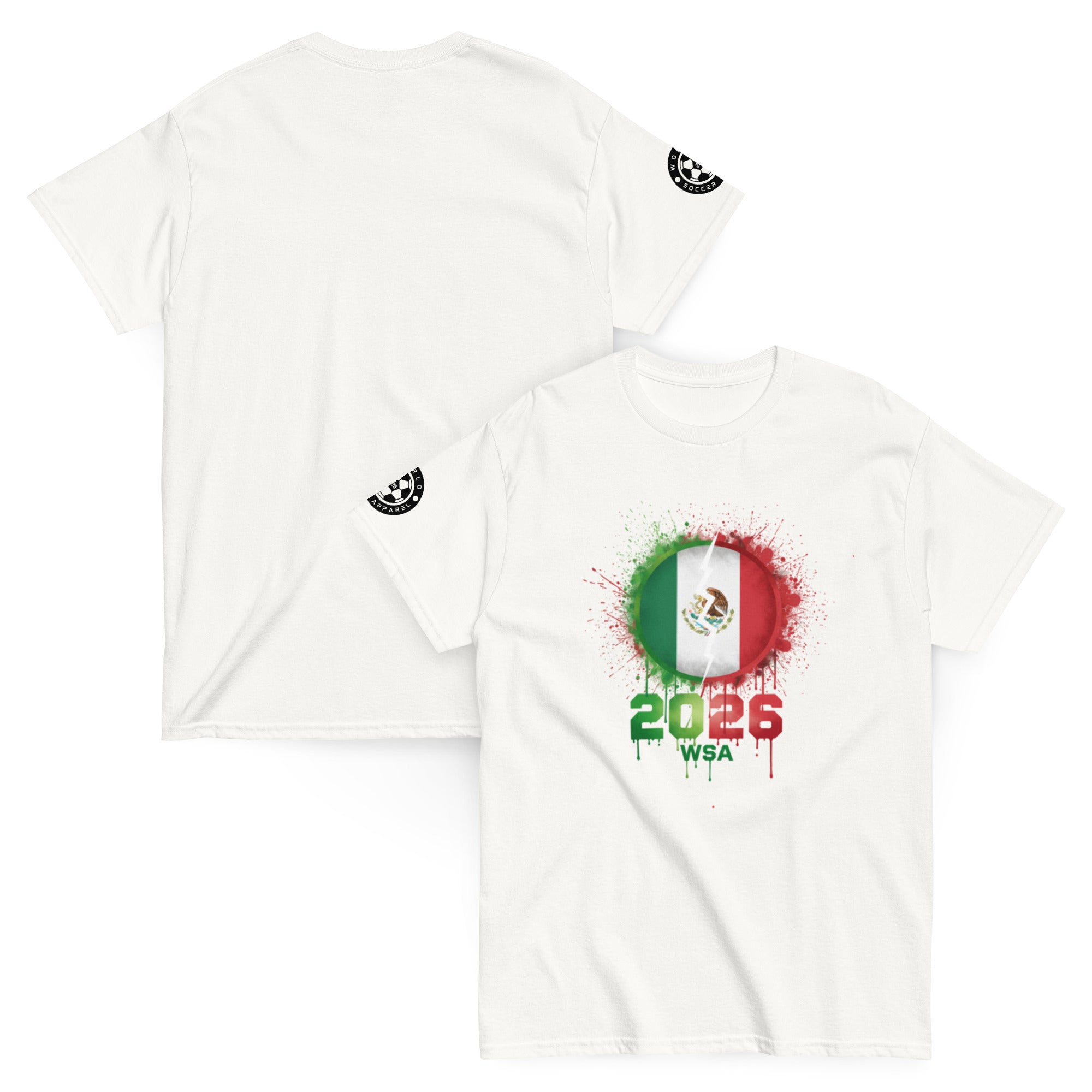 White t-shirt with Mexican flag design and '2026 WSA' text on a white background