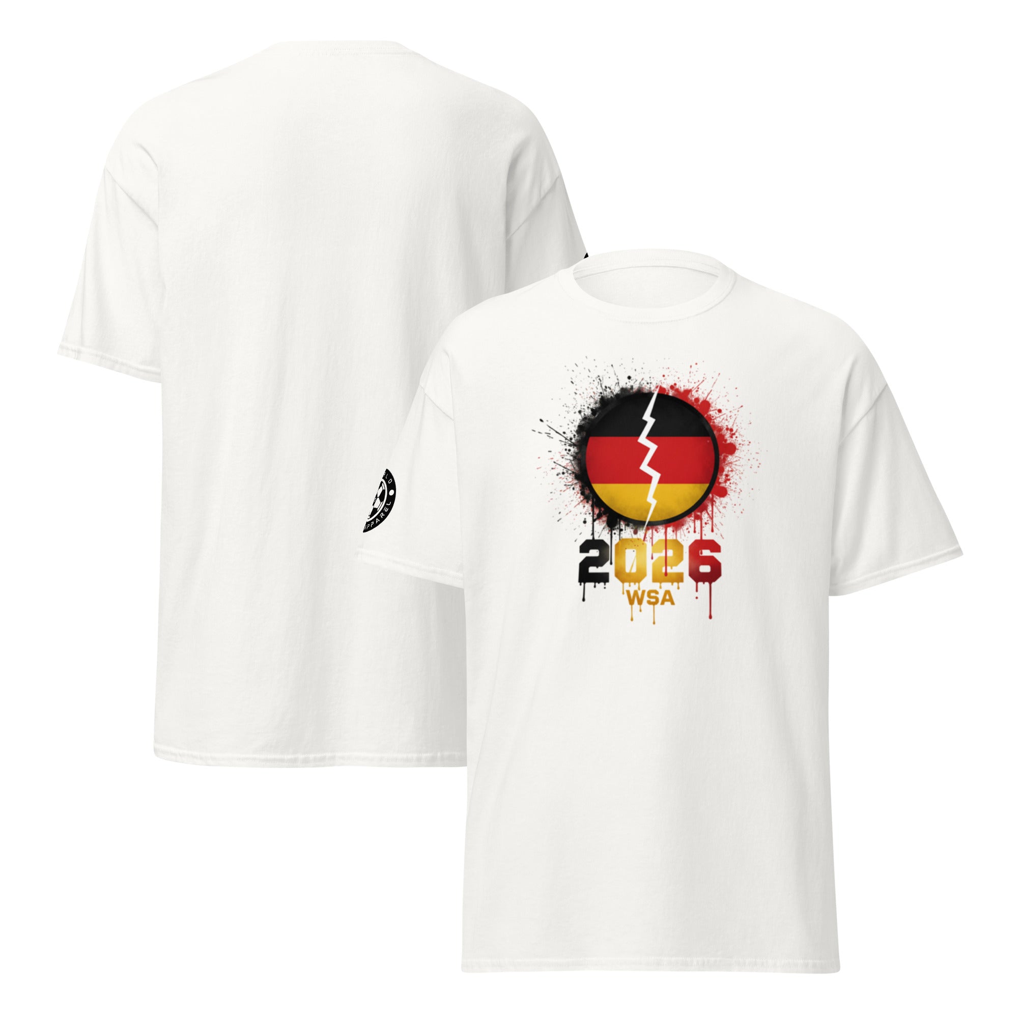 White t-shirt with a design on the front and back, featuring a flag and text.