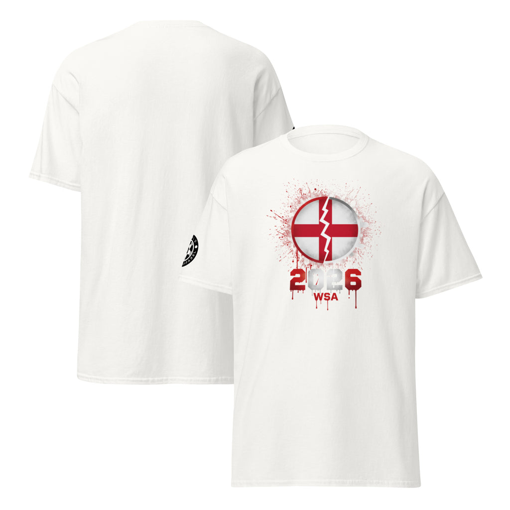 White t-shirt with red and black design on a white background