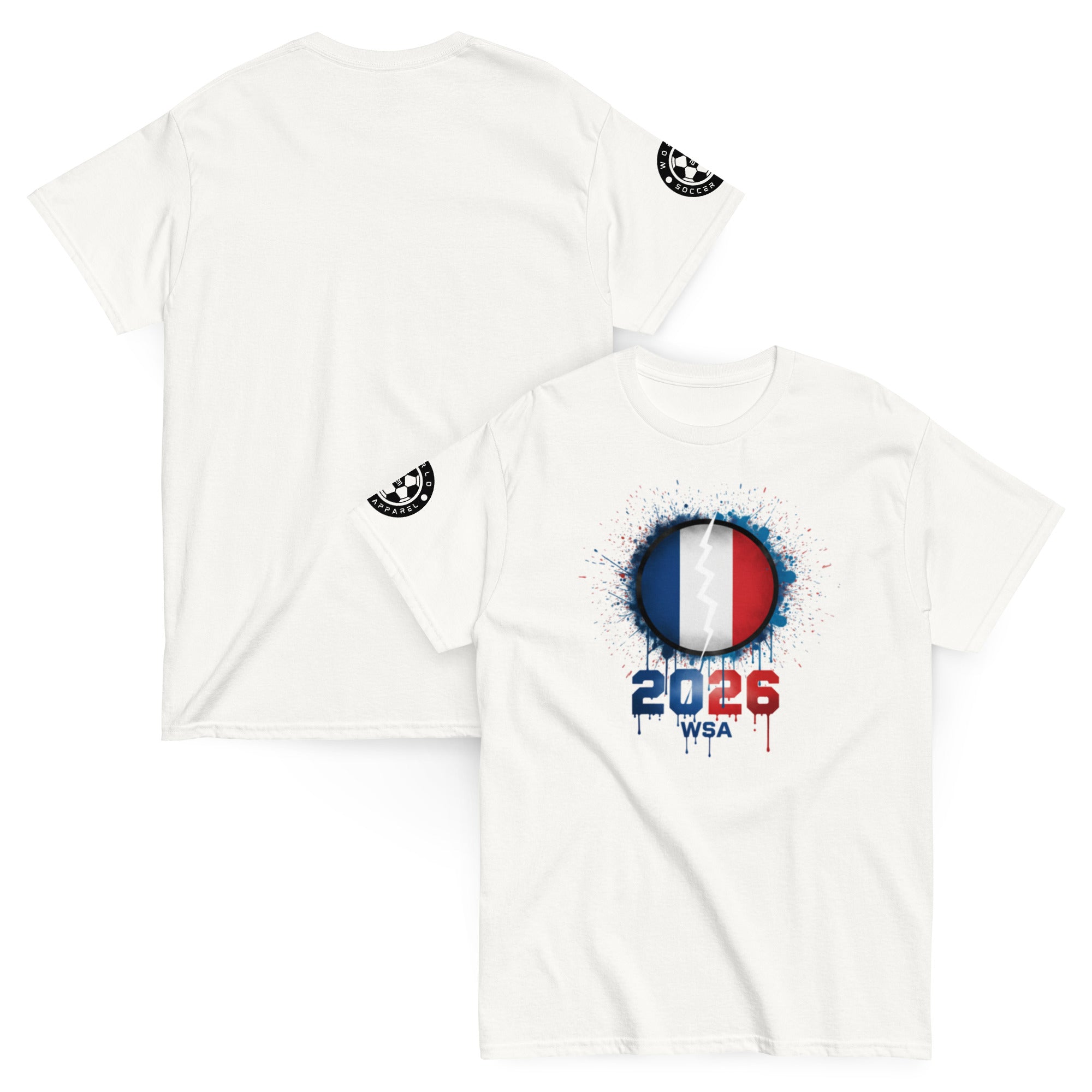 White t-shirt with a design featuring France's flag and '2026 WSA' text on a white background