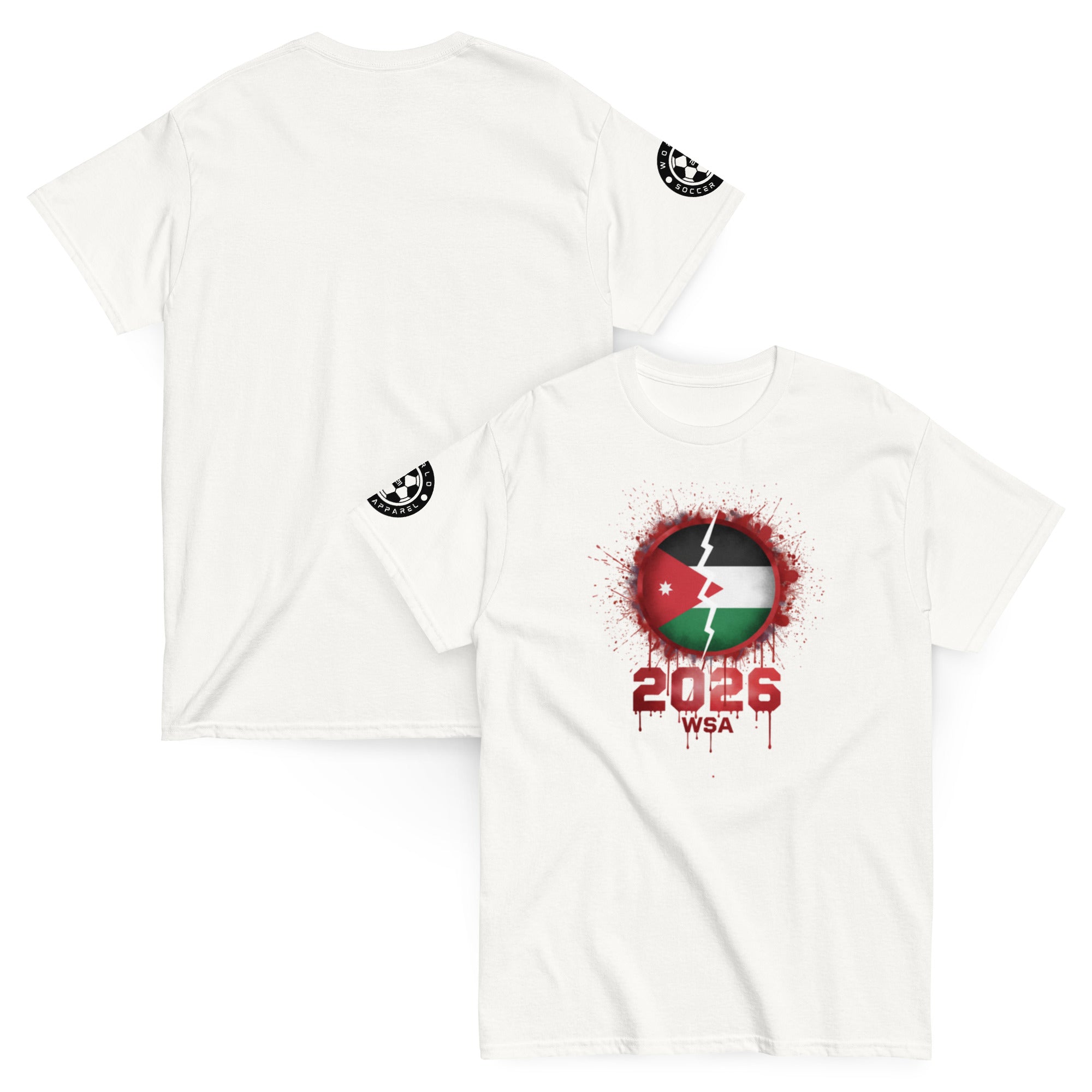 White t-shirt with Jordanian flag design and '2026 WSA' text on a white background