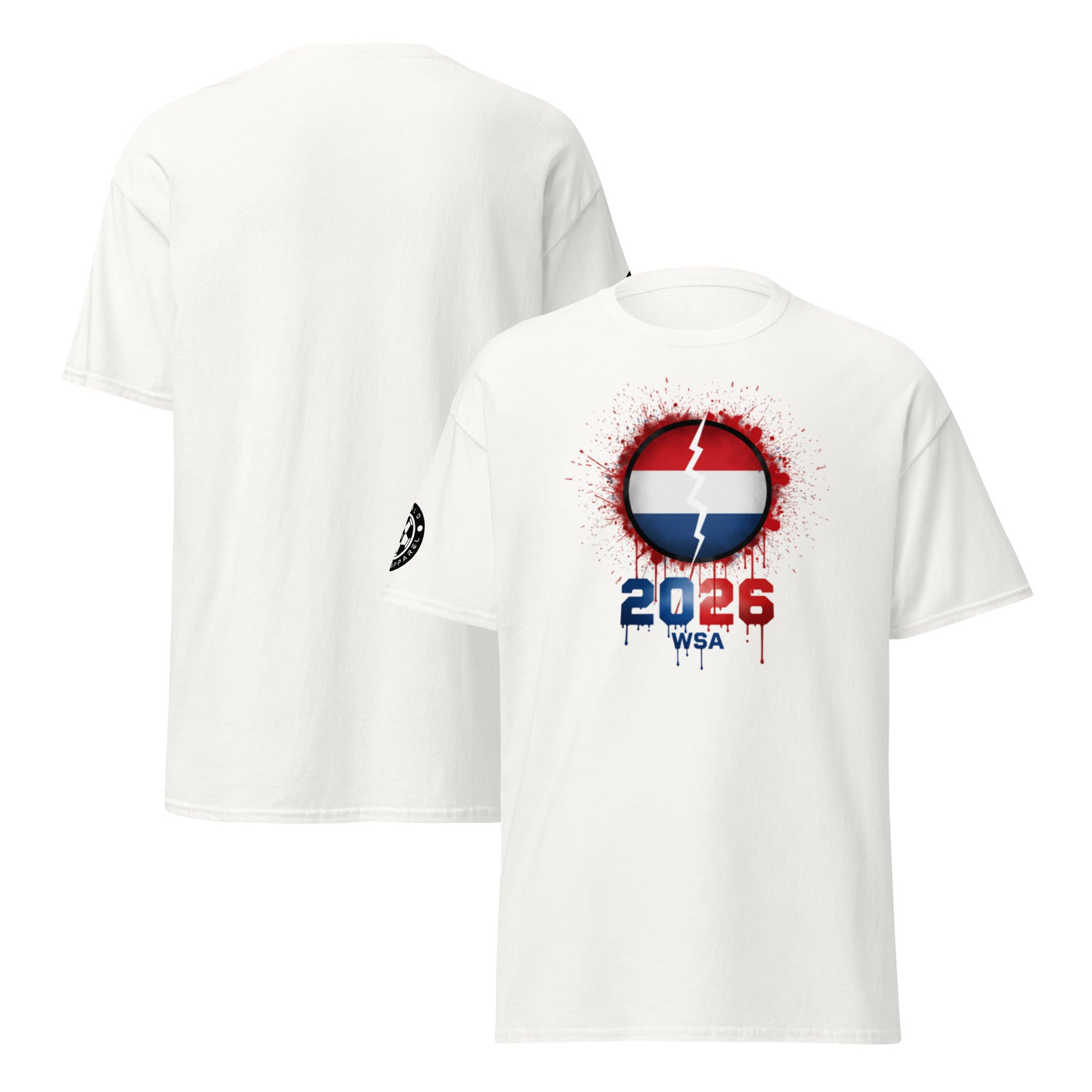White t-shirt with a graphic design featuring the number 2026 and text on a white background