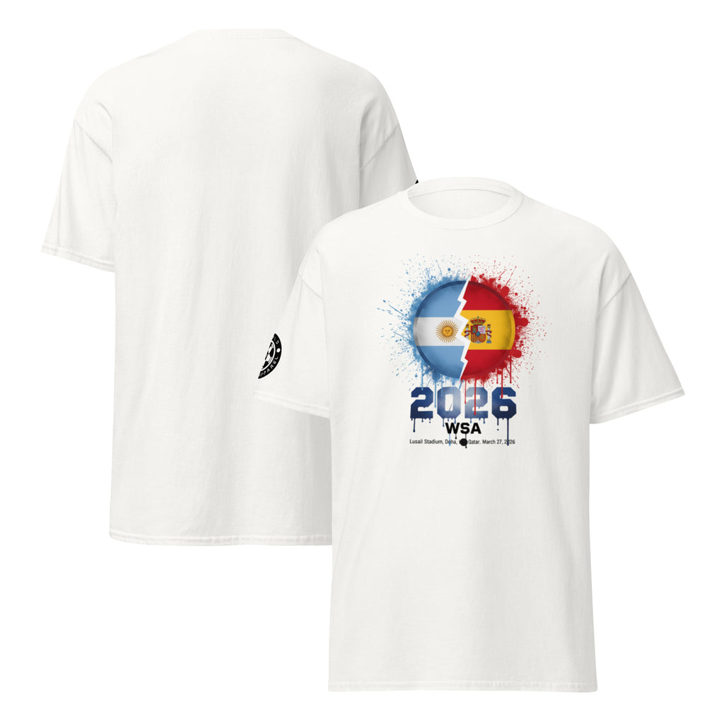 White t-shirt with a colorful design featuring the number 2026 and text on a white background