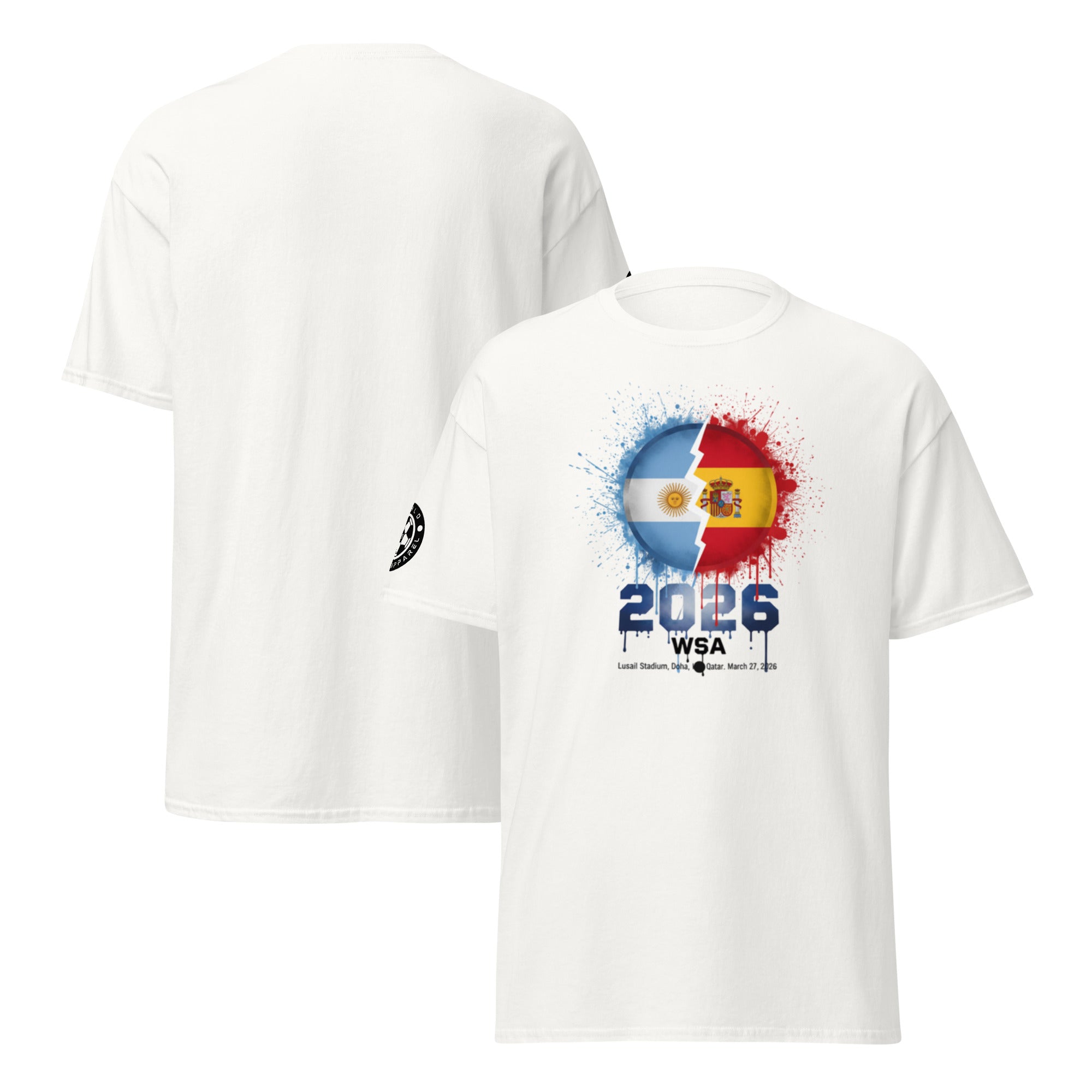 White t-shirt with a colorful design featuring the number 2026 and text on a white background