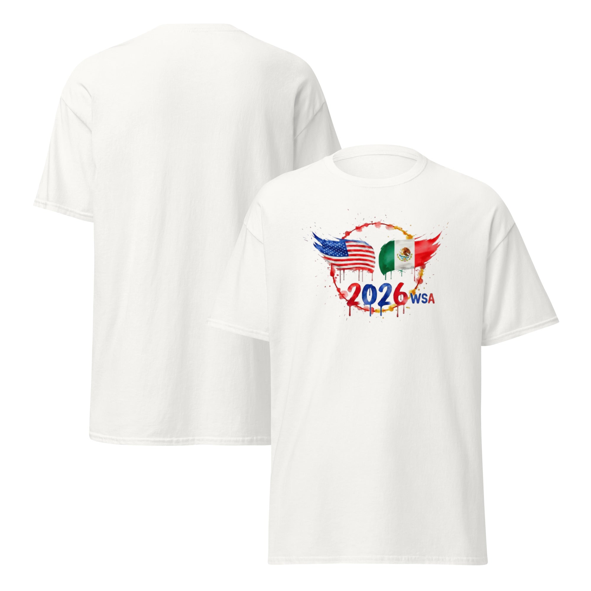 White t-shirt with 2026 WSA logo featuring American and Mexican flags on a white background