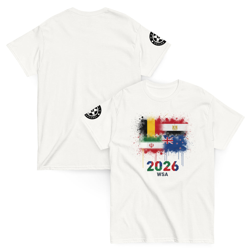 White t-shirt with colorful design and text on a white background