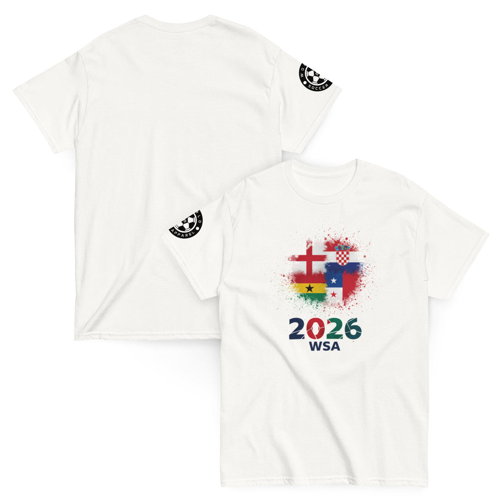 White t-shirt with colorful design and text on a white background