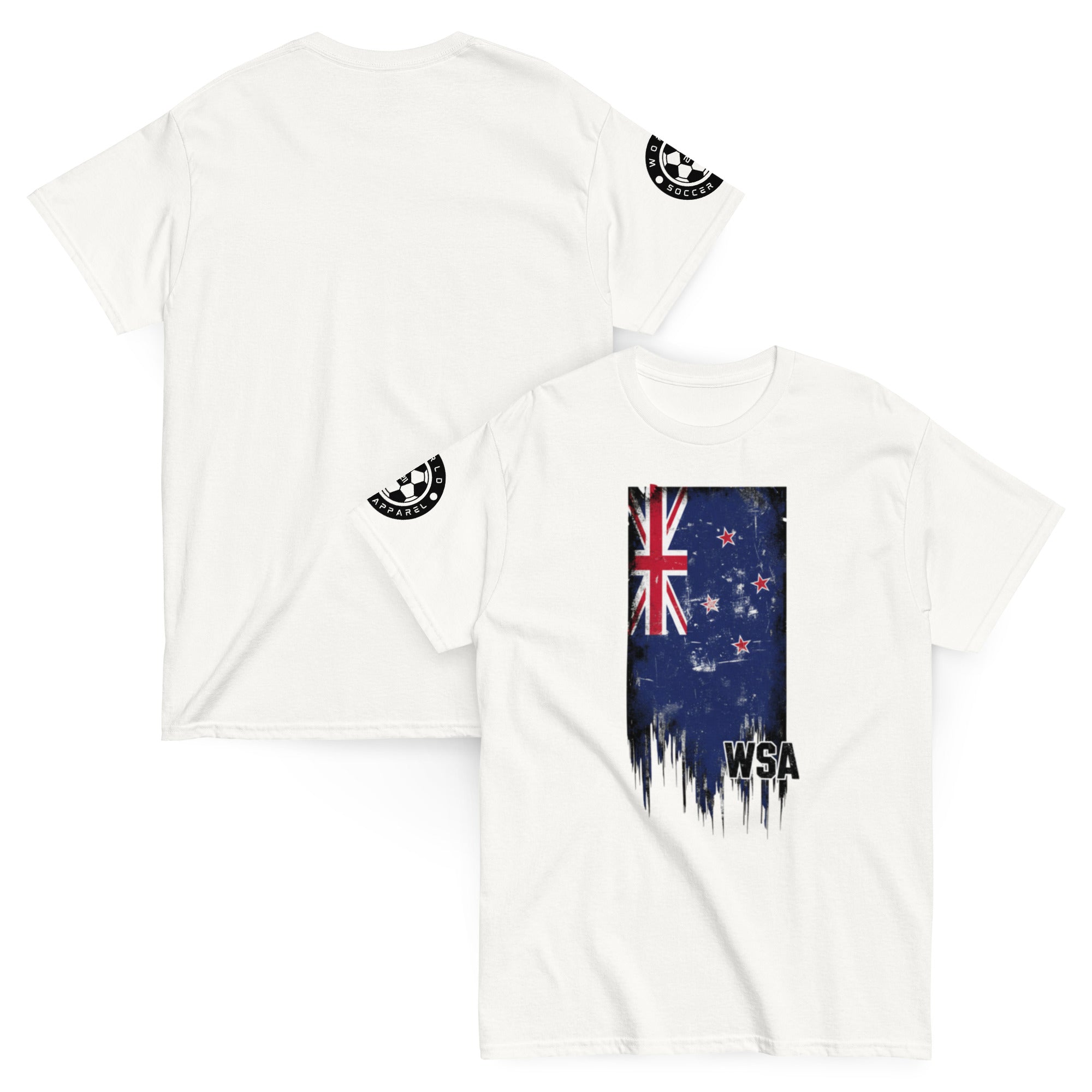 White t-shirt with New Zealand flag design on a white background