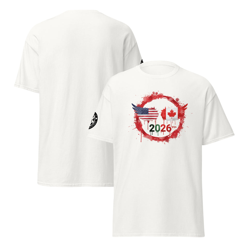 White t-shirt with American and Canadian flag design and '2026' text on a white background