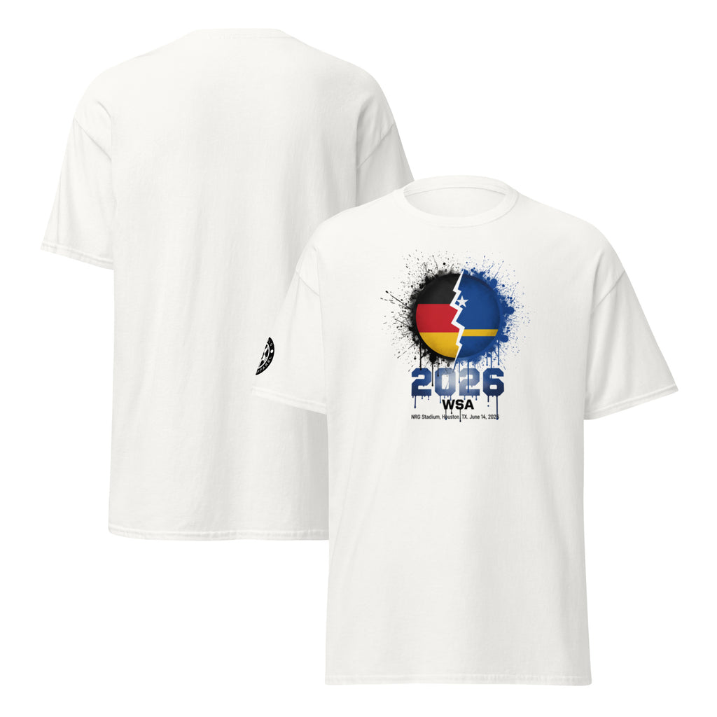 White t-shirt with a colorful graphic design on a white background