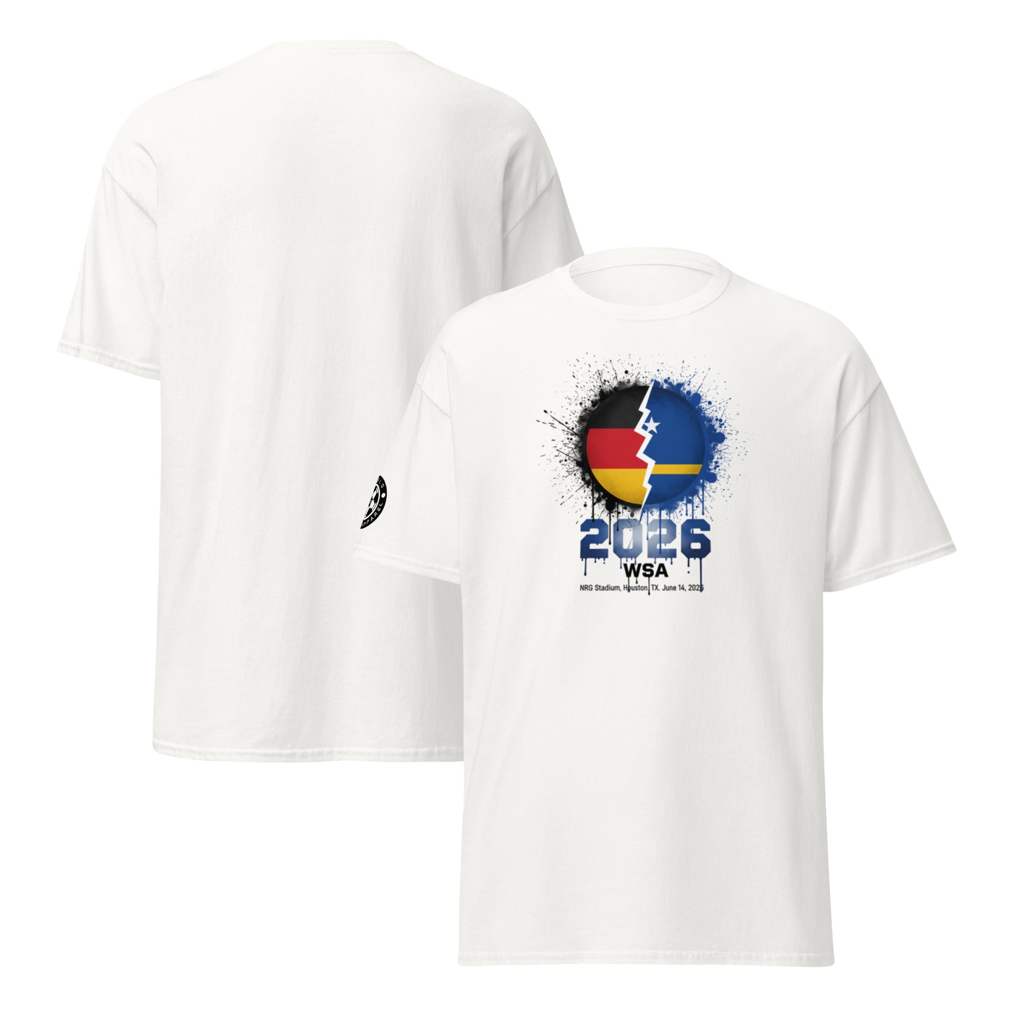 White t-shirt with a colorful graphic design on a white background