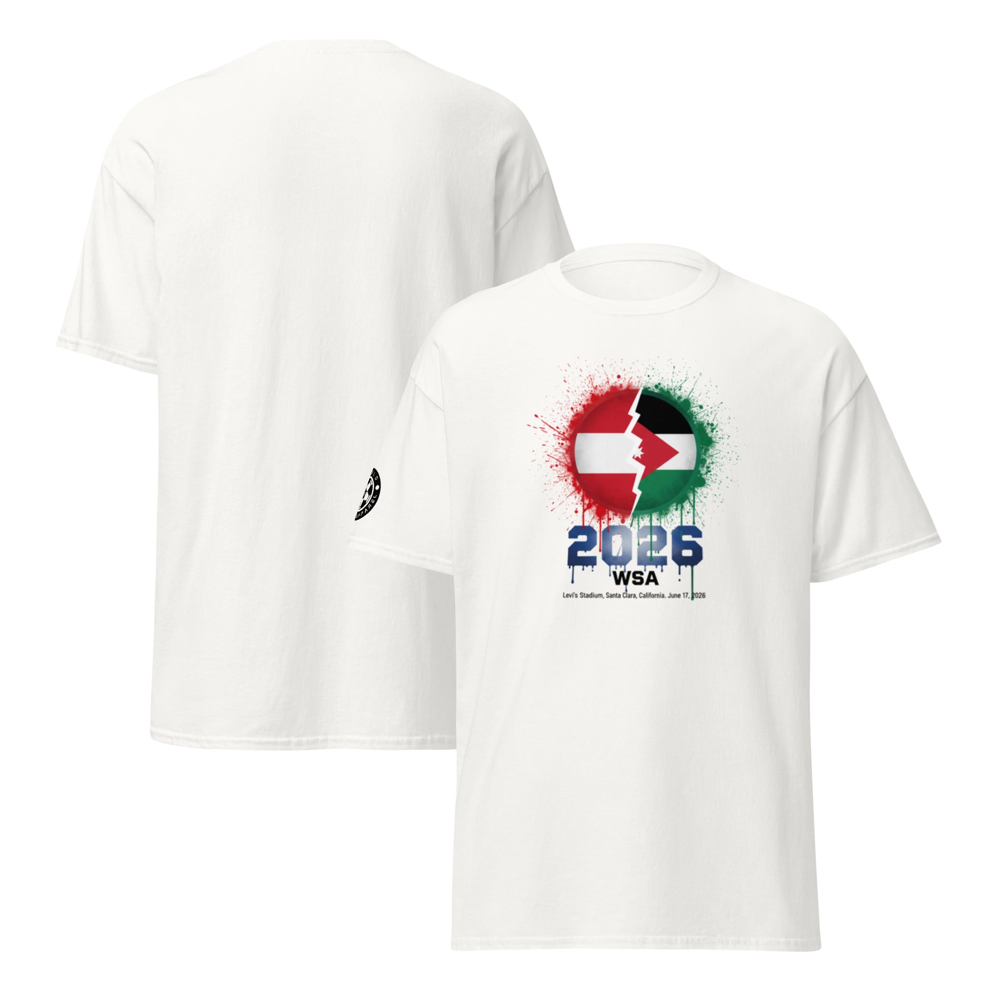White t-shirt with a design featuring the number 2026 and text on a white background