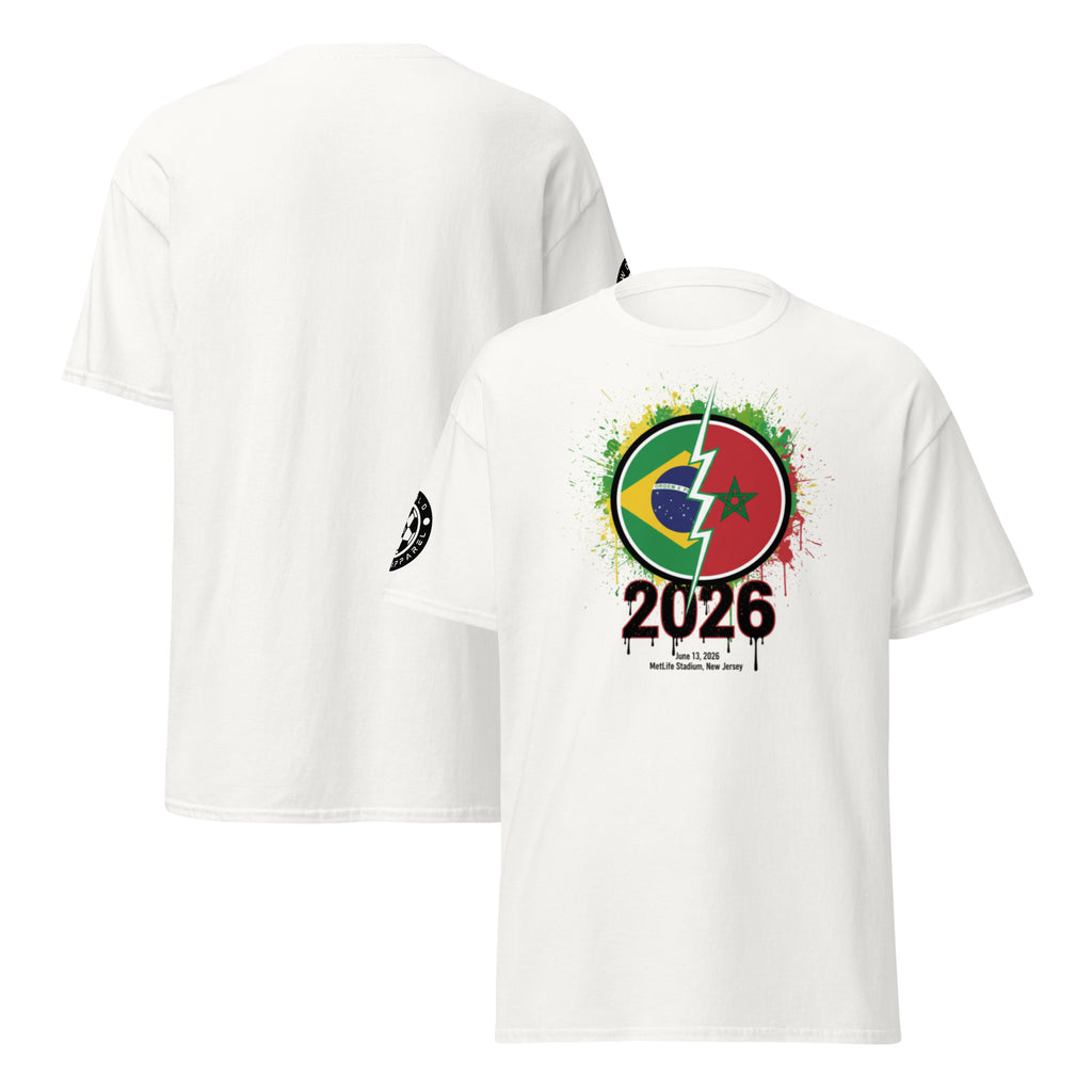 White t-shirt with 2026 World Cup design featuring Brazil and Morocco flags on a white background