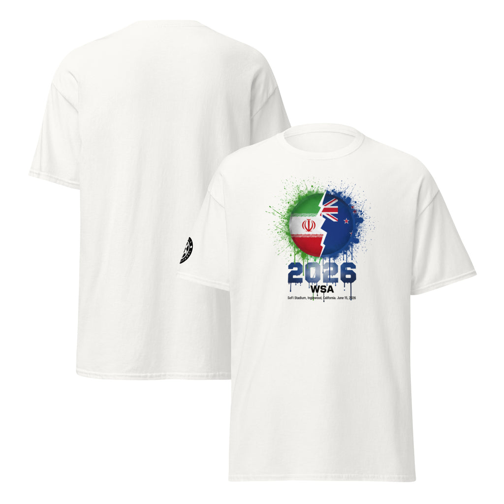White t-shirt with colorful design and text on a white background