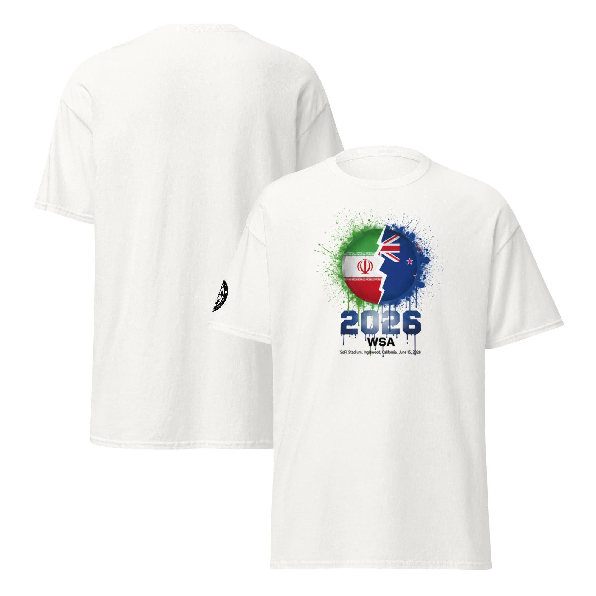 White t-shirt with colorful design and text on a white background