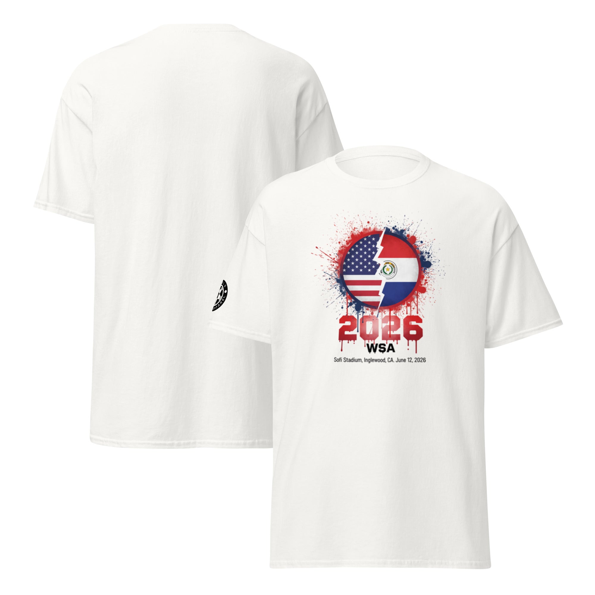 White t-shirt with a graphic design featuring the number 2026 and text on a white background