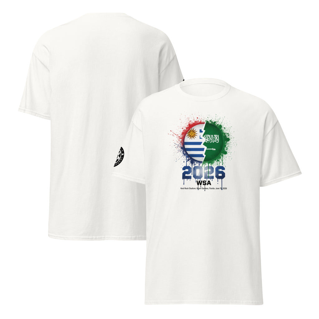 White t-shirt with colorful design and '2026 WSA' text on a white background
