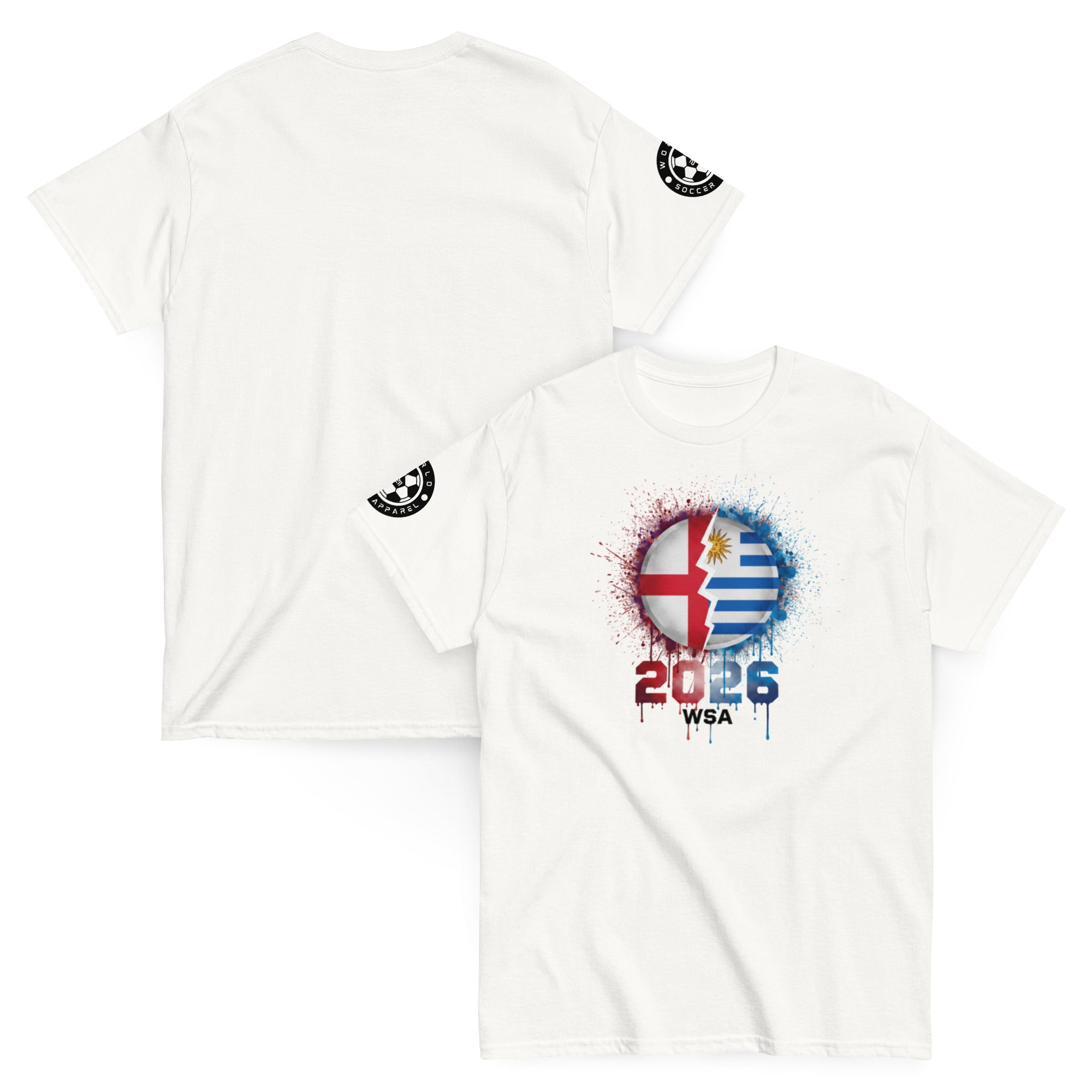White t-shirt with a colorful graphic design and '2026 WSA' text on a white background