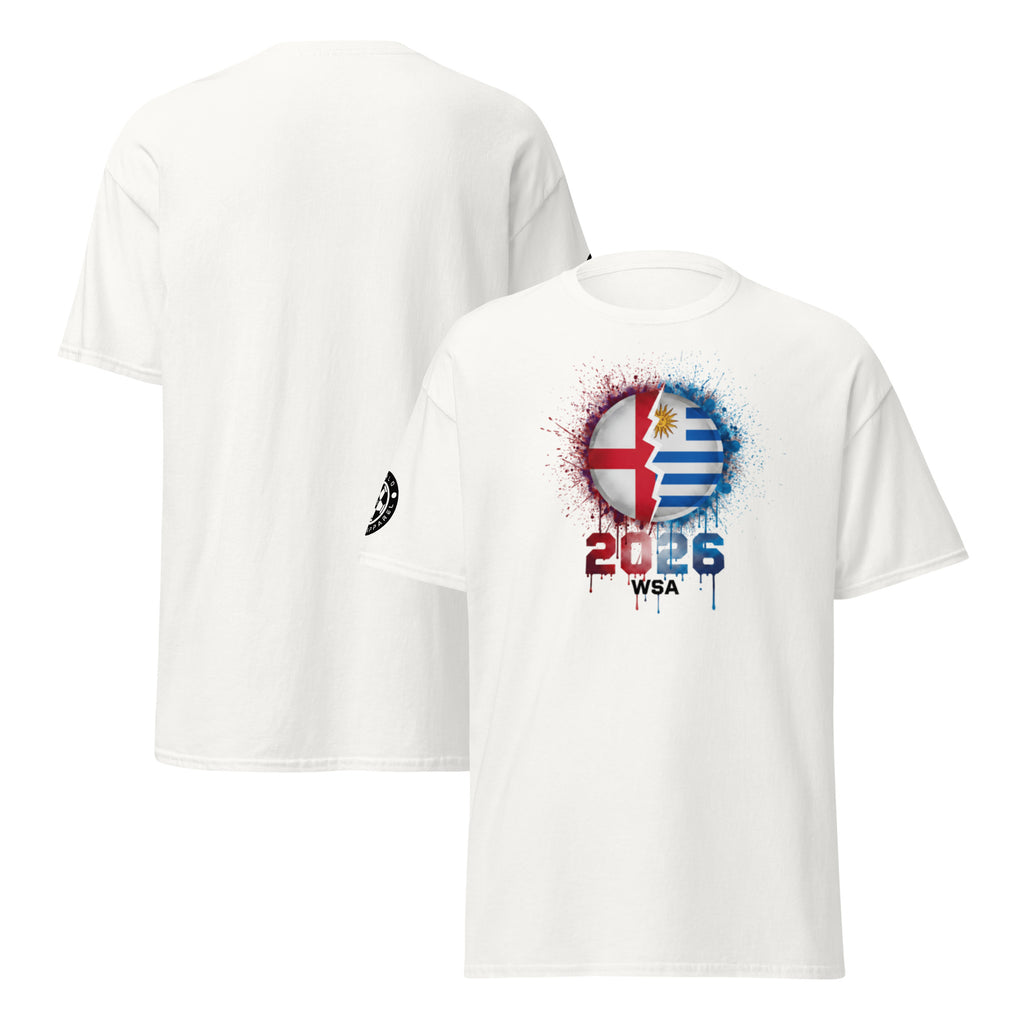 White t-shirt with a graphic design on the front and back, featuring a flag and '2026 WSA' text.