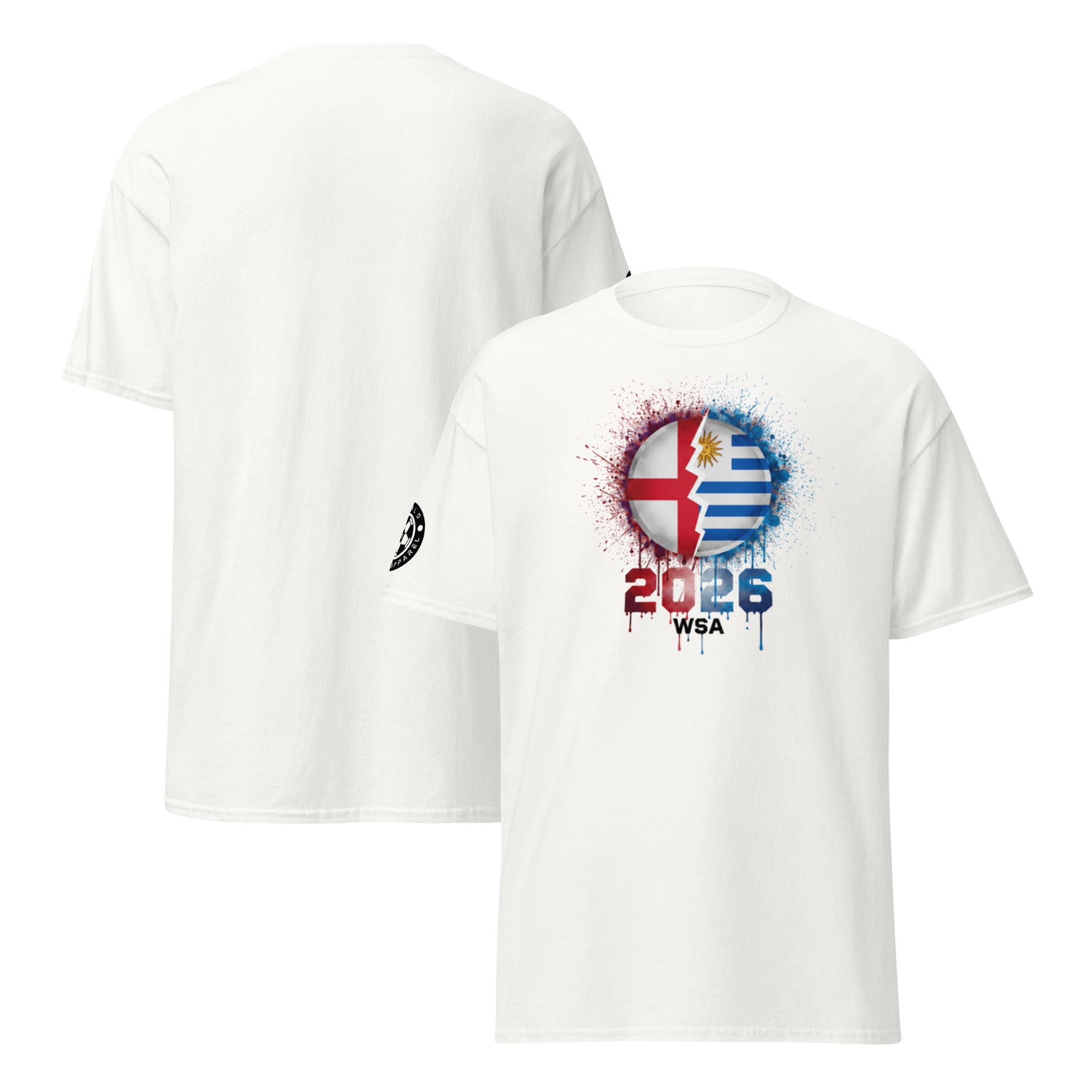 White t-shirt with a graphic design on the front and back, featuring a flag and '2026 WSA' text.