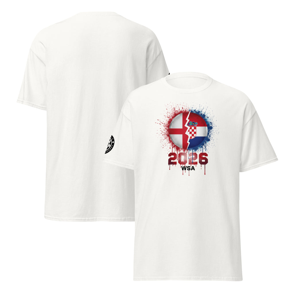 White t-shirt with a graphic design on the front and back, featuring colors and text.