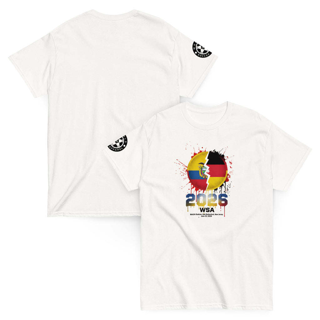 White t-shirt with colorful design featuring flags and '2026 WSA' text on a white background