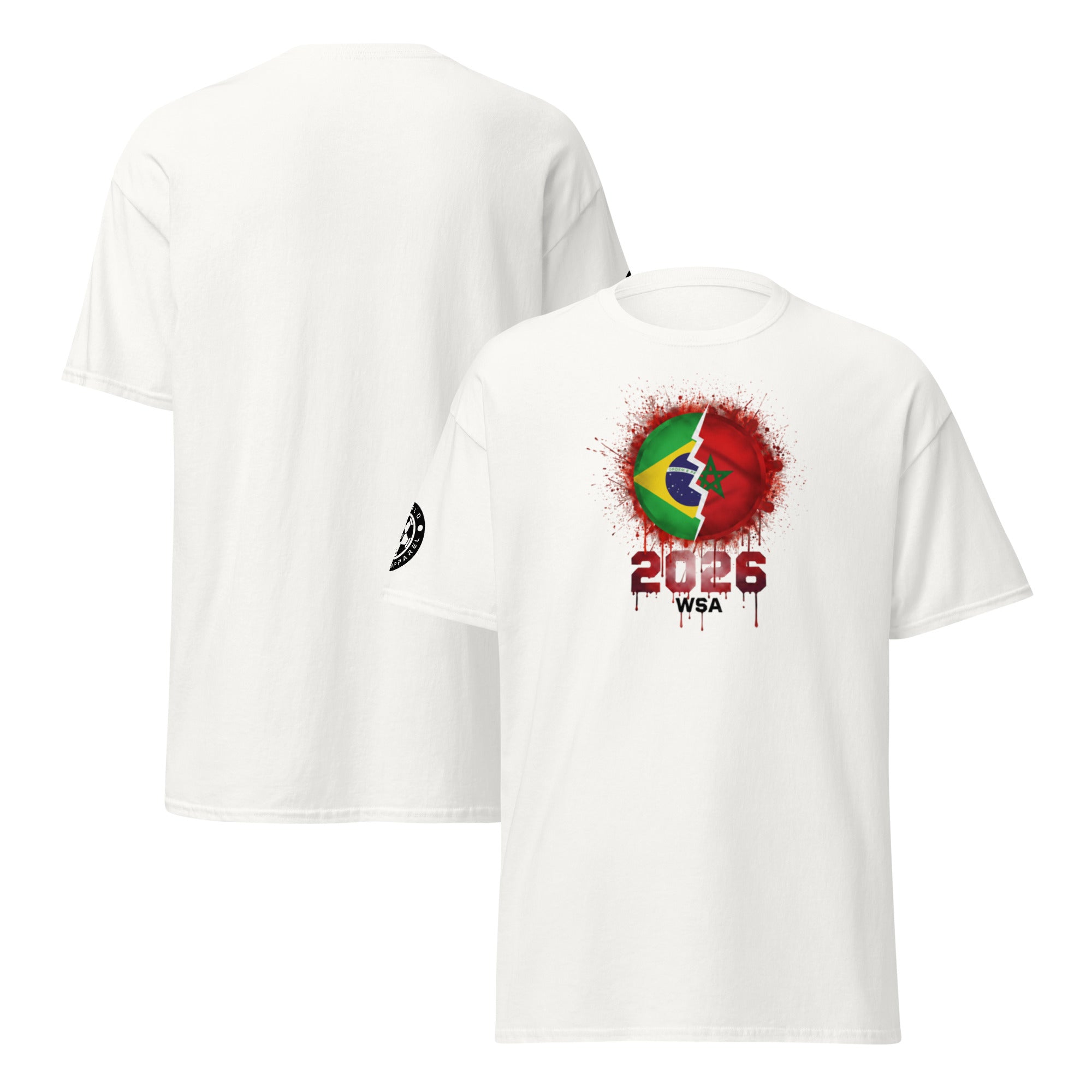White t-shirt with a colorful design on the back featuring the number 2026 and text on a white background.
