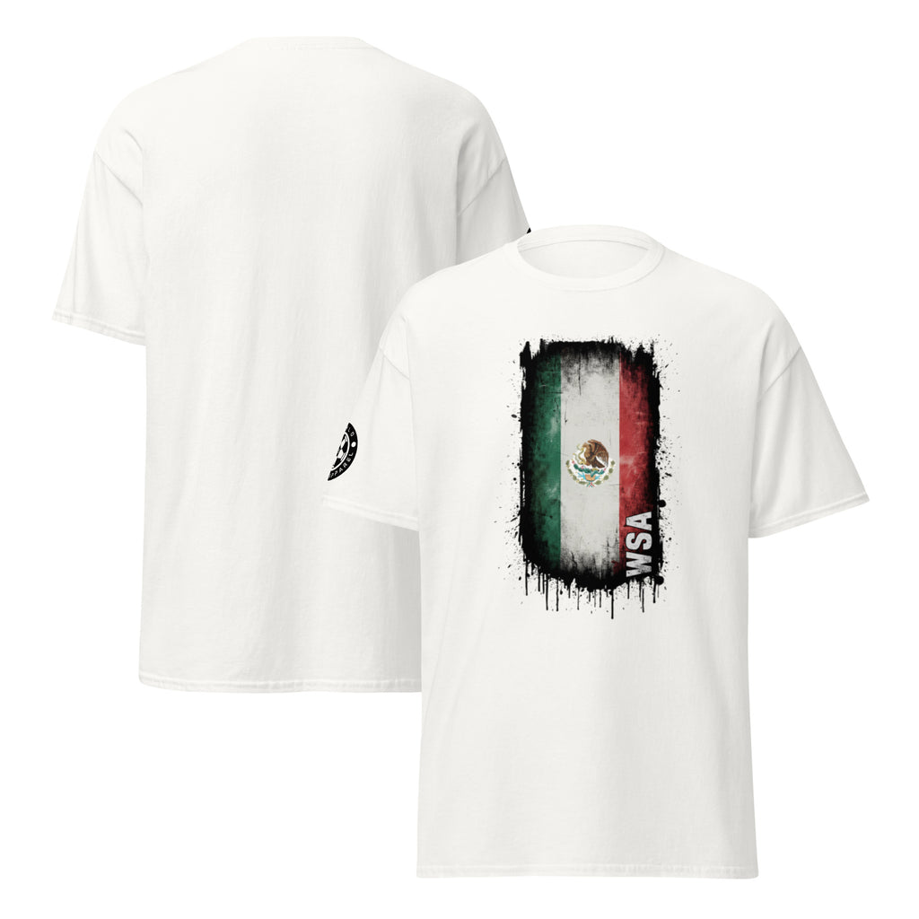 White t-shirt with Mexican flag design on a white background