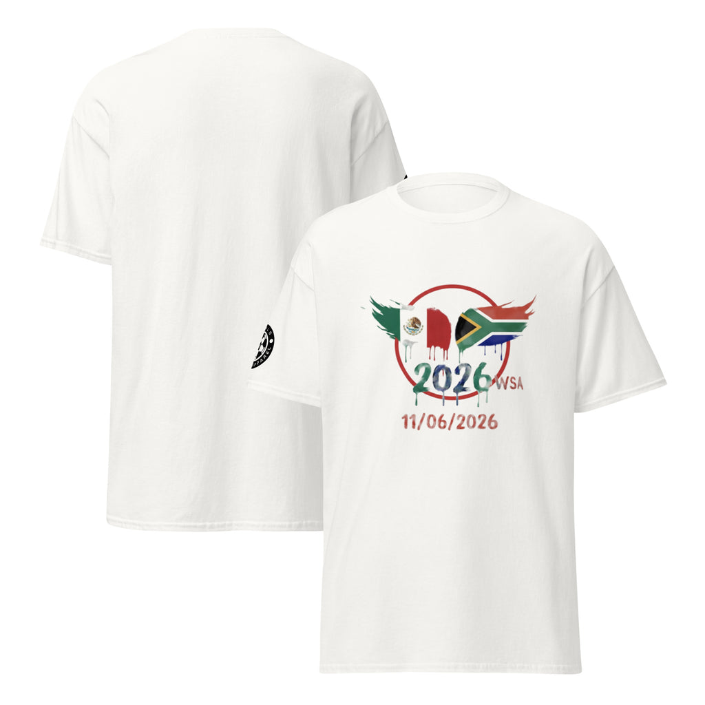 White t-shirt with 2026 FIFA World Cup design featuring flags and date on a white background