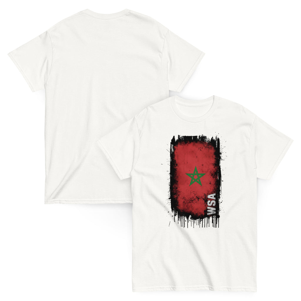 White t-shirt with a red and black flag design on a white background