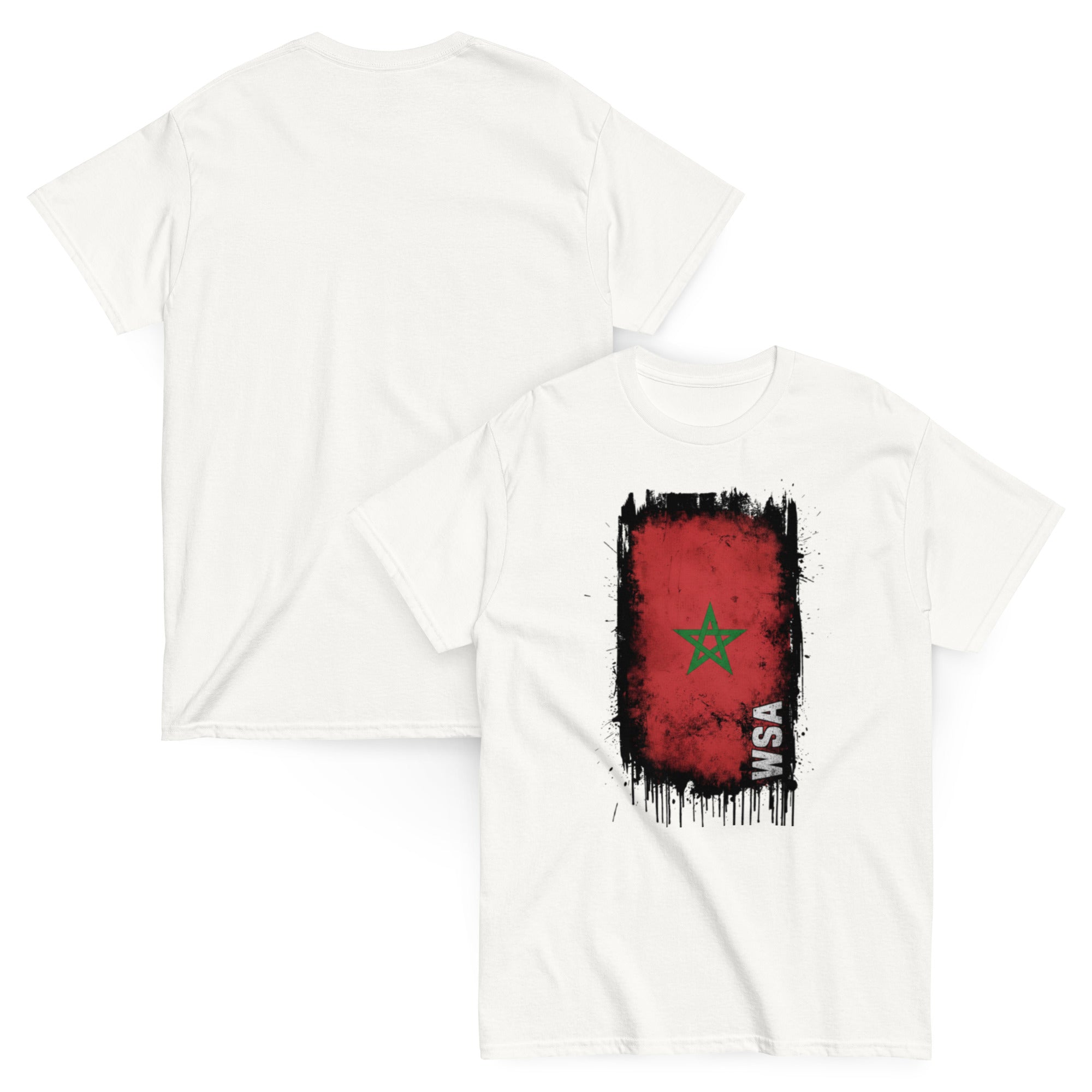 White t-shirt with a red and black flag design on a white background