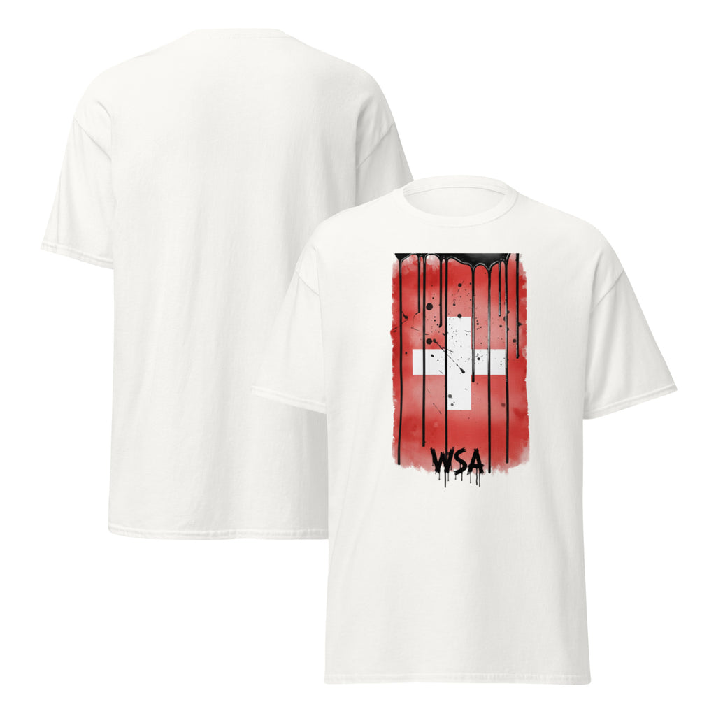 White t-shirt with red and black graphic design on a white background
