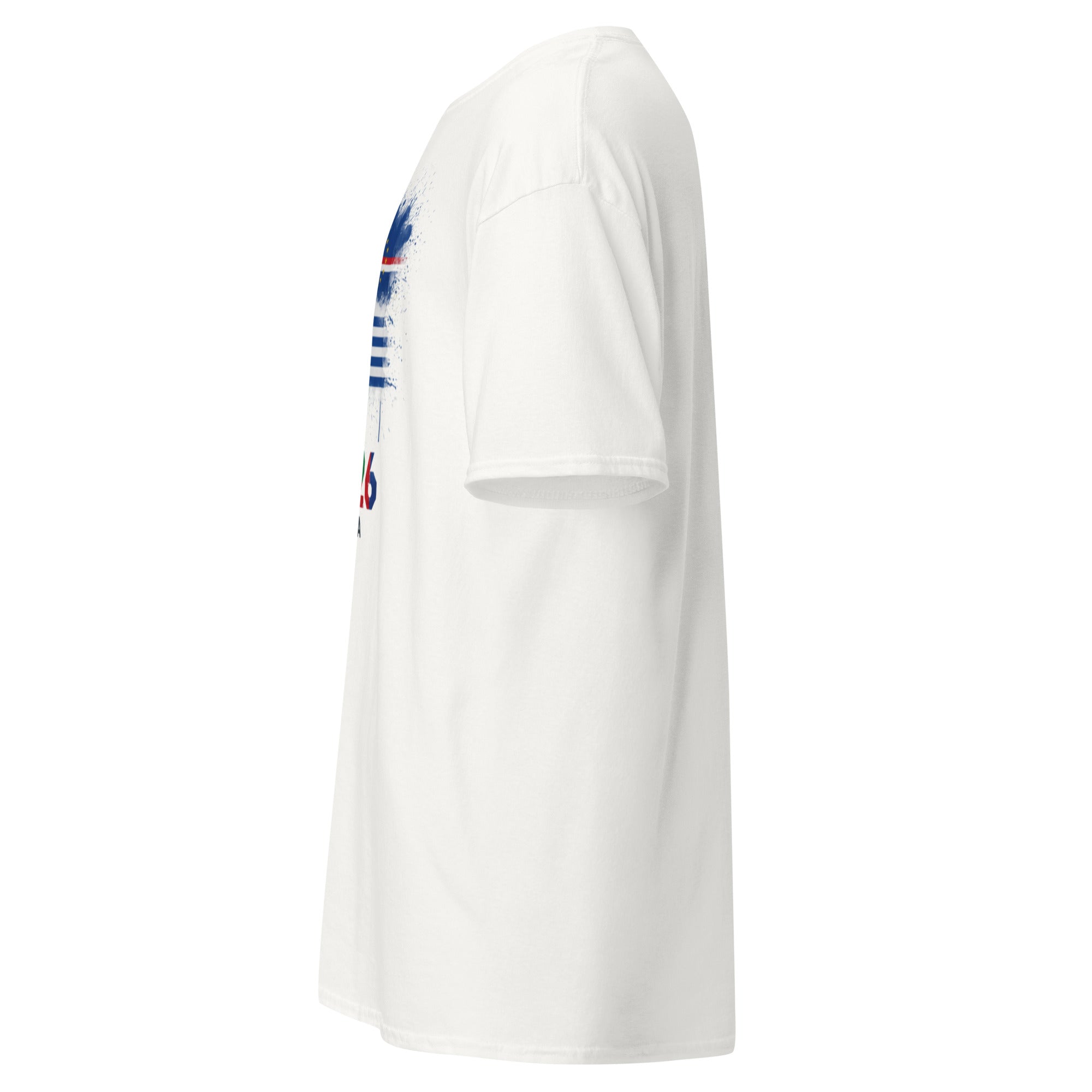 White t-shirt with colorful graphics on sleeves against a white background