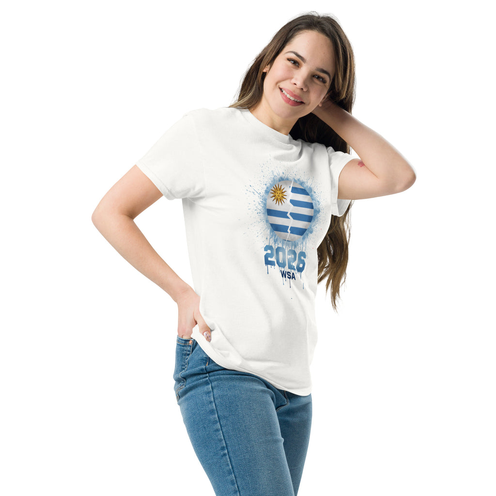 Person wearing a white t-shirt with a graphic design on a white background