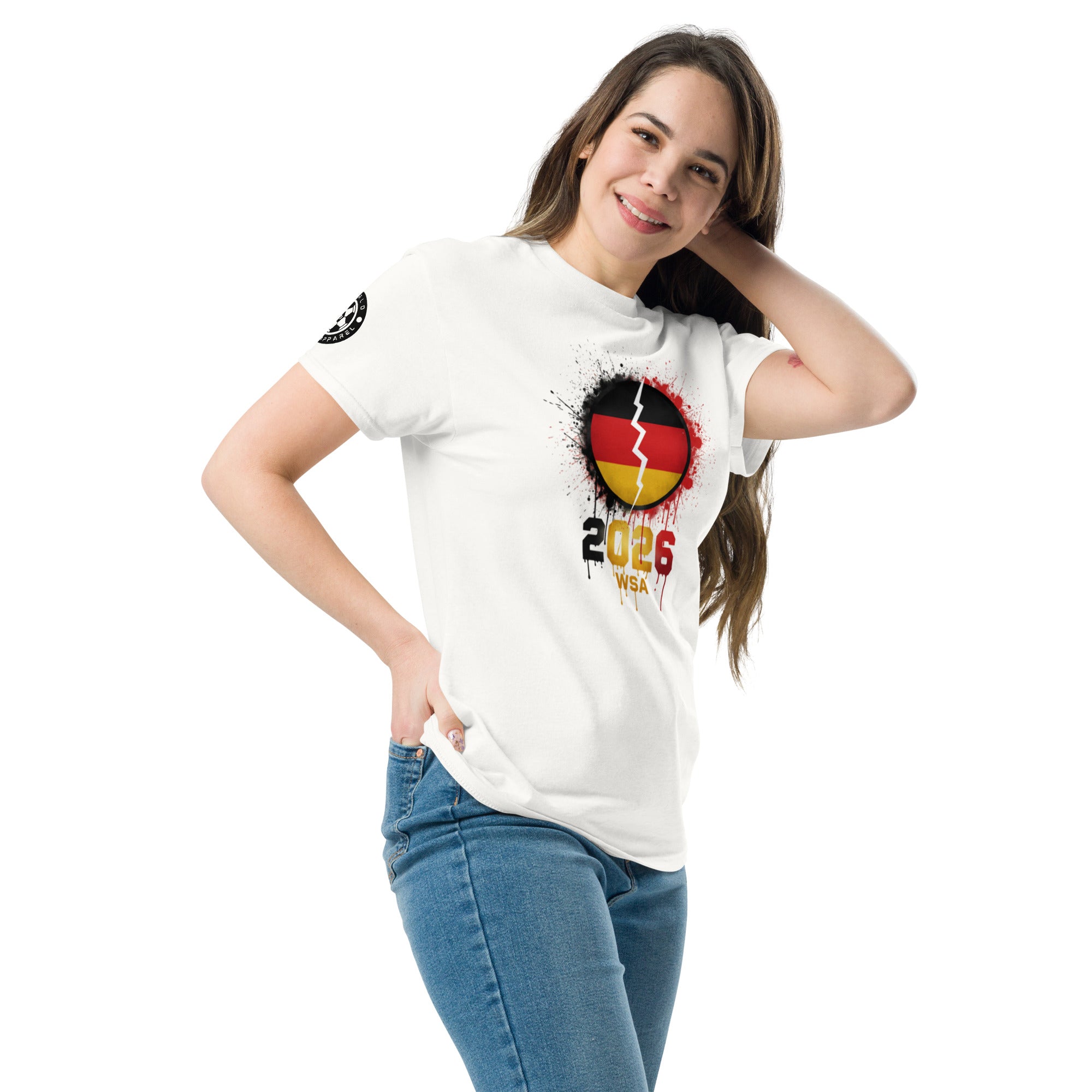 Woman wearing a white t-shirt with a heart design and text, standing against a white background